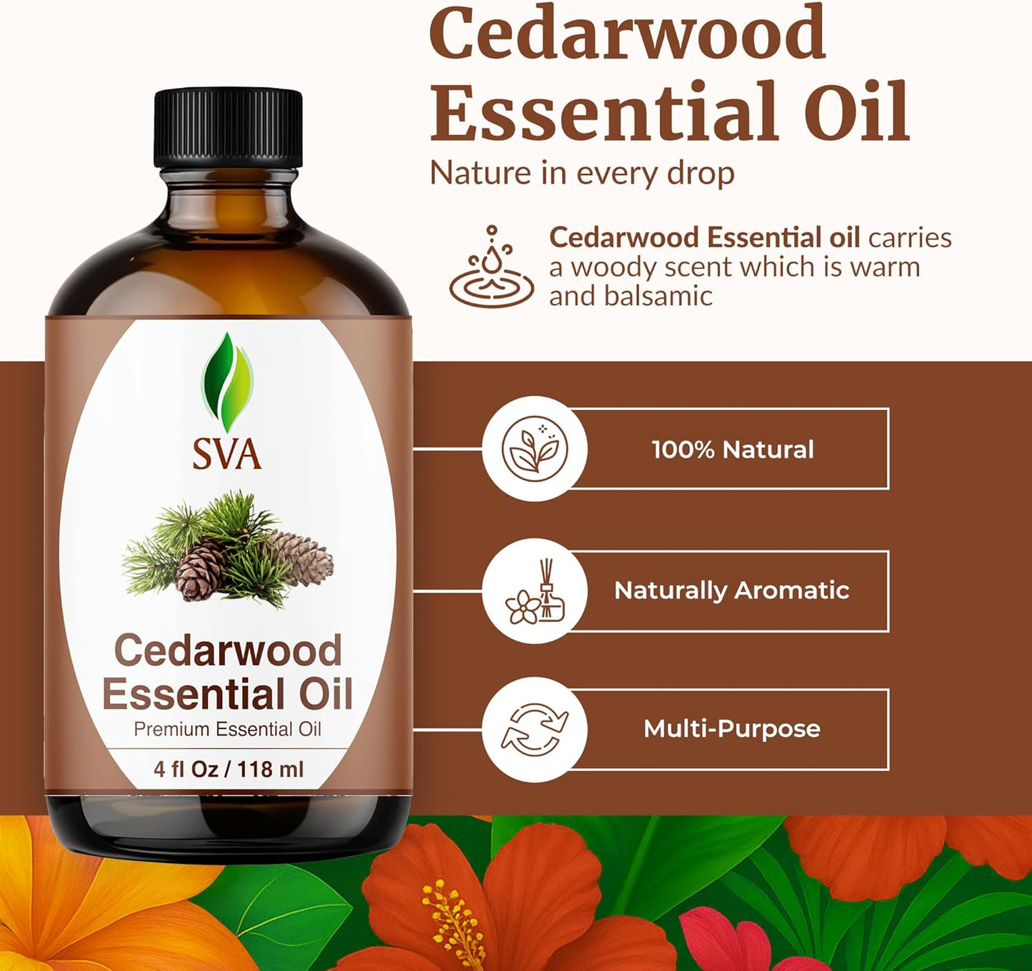 SVA Cedarwood Essential Oil – 4 Fl Oz – 100% Natural Cedar Cupressus Funebris Oil - for Diffuser, Hair Care, Face, Skin Care, Aromatherapy, Scalp and Body Massage, Soap and Candles - with Dropper