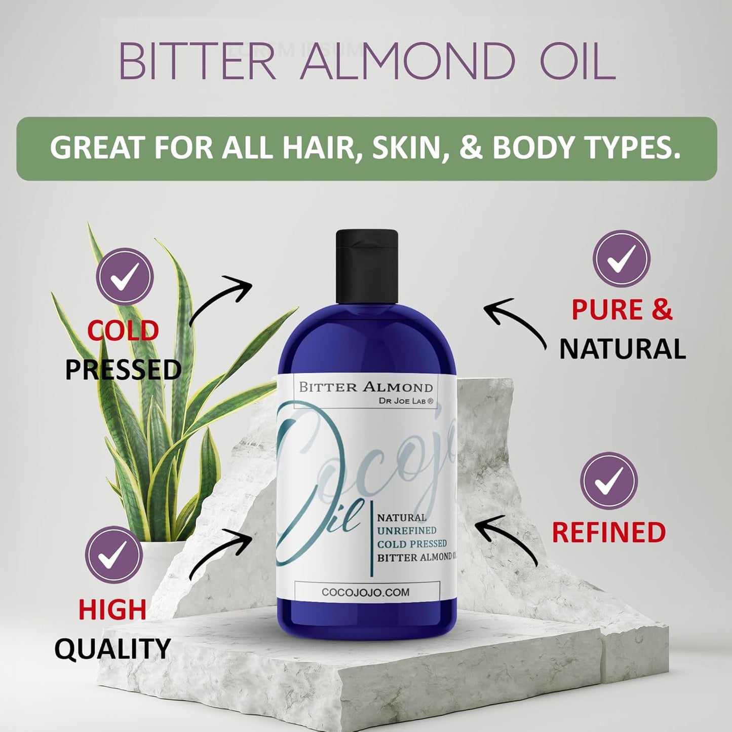 Dr Joe Lab Bitter Almond Oil - 8 oz Pure, Cold Pressed, Non-GMO, Vegan, Extra Virgin, All Natural, Perfect for Body, Hair, Skin, Nails, Facial Hair, Lashes, Eyebrows - Packaging May Vary