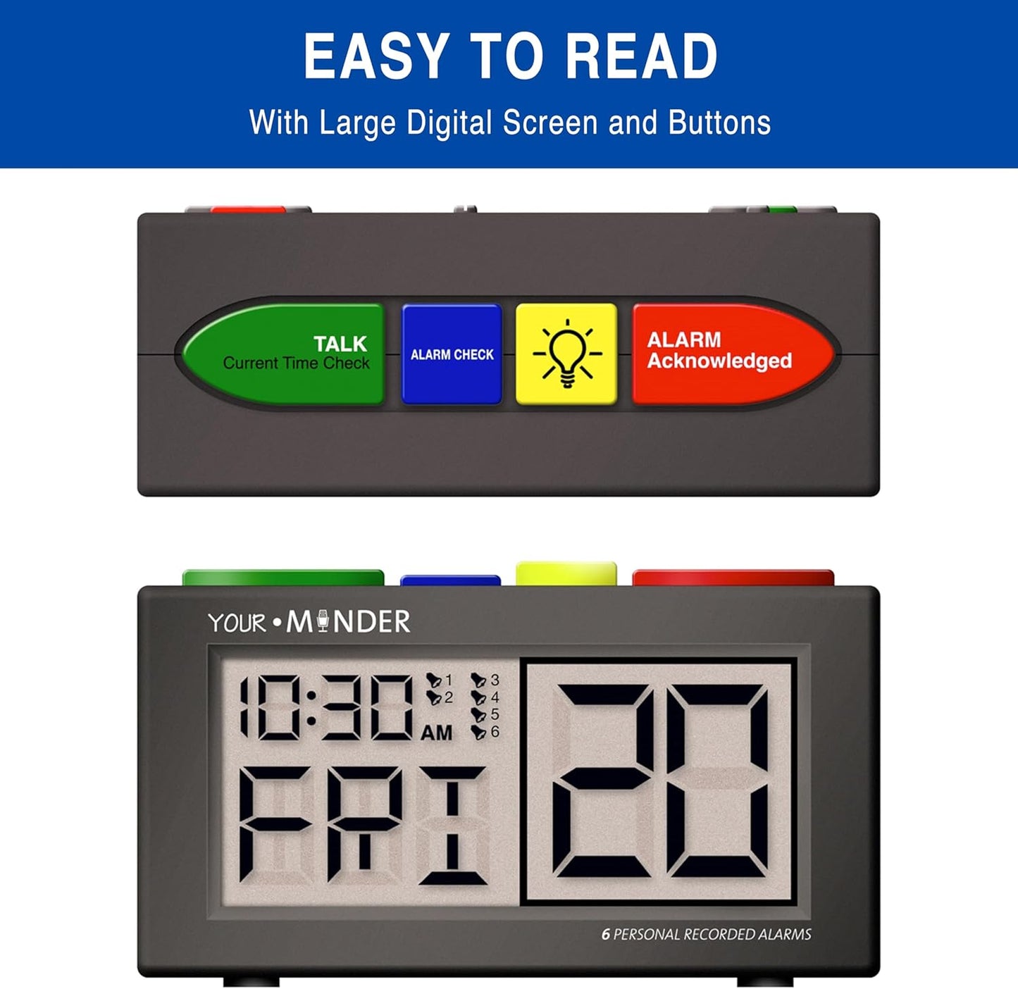 Your Minder Voice Record and Alarm Replay Reminder Clock with Loud Multiple Alarms, Recordable Talking Alarm Clock for Medication Reminders (With Adapter) Gift for Mom, Dad, Elderly, Seniors