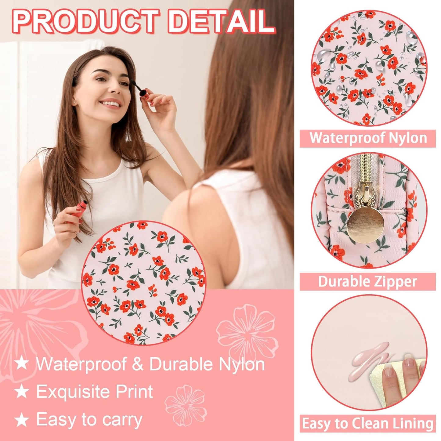 Waterproof Small Floral Makeup Bag Pouch for Purse,Nylon Flower Cosmetic Bag Preppy Travel Toiletry Storage Bag for Women Girl,Cute Makeup Organizer Bag Skincare Bag with Zipper(Small Pink-Flowers)