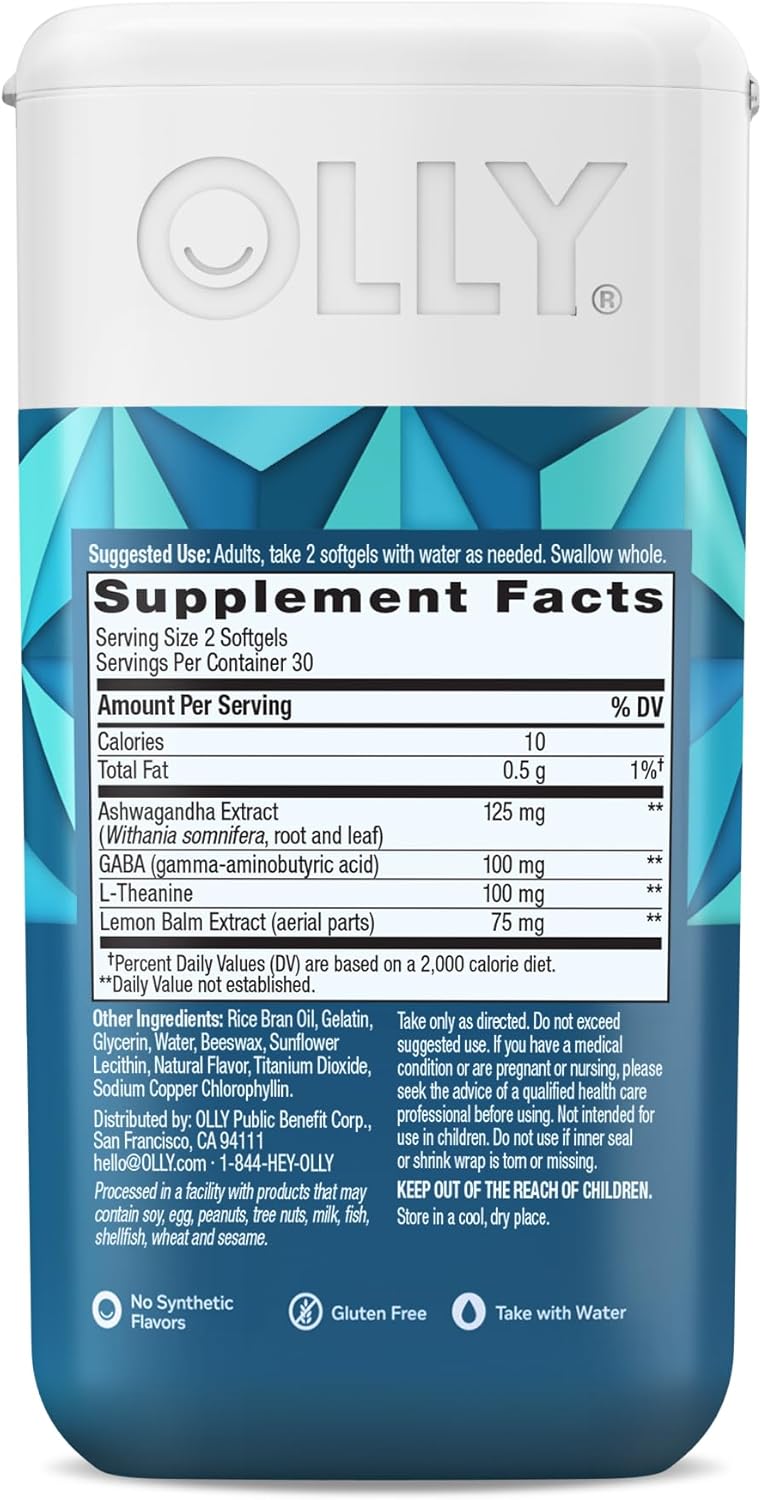 OLLY Ultra Strength Goodbye Stress Softgels, GABA, Ashwagandha, L-Theanine and Lemon Balm, Stress Relief Supplement - 60 Count