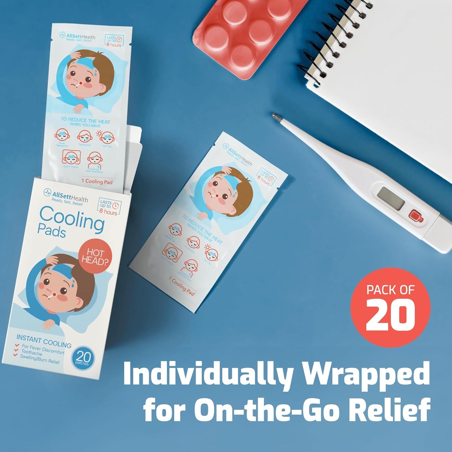 Cooling Patches for Kids - 20 Pack Fever Patch for Kids, Minty Cool- Cold Stickers - Baby Pad, Hot Weather Forehead, Reducer Headache Patches - Blue