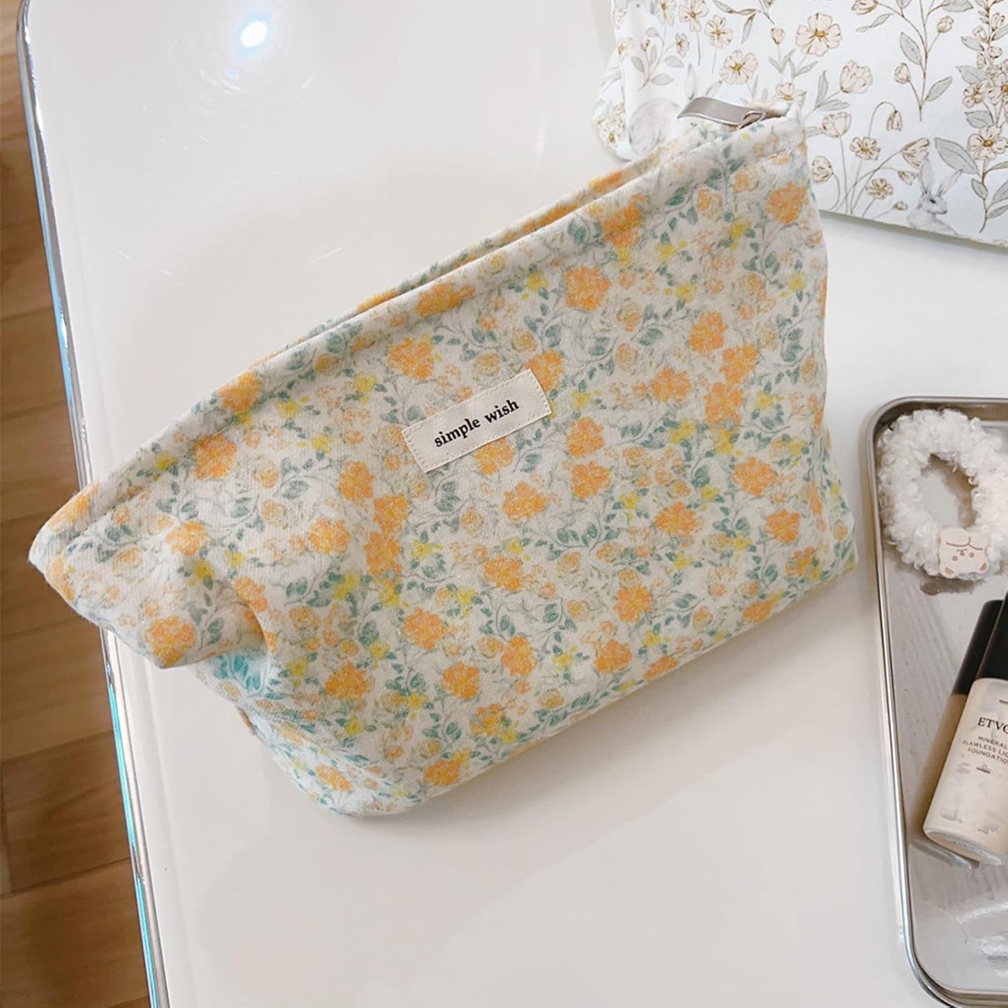 Wudygirl Aesthetic Cosmetic Bag Travel Toiletry Bag Makeup Bag Canvas Makeup Pouch Toiletry Bag for Women Large Capacity Makeup Bag Floral Pencil Pouch with Zipper (Yellow Floral)