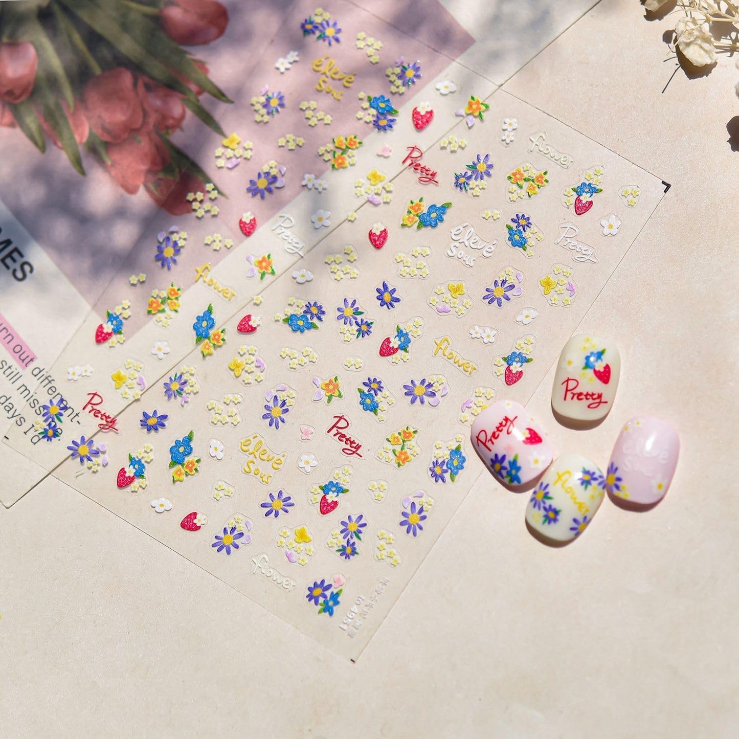 Flower Nail Stickers for Nail Art Strawberry Nail Stickers Summer Cute Floral Pink 5D Embossed Concise Nail Decals Self-Adhesive Nails Supply Manicure Sliders Flower for Women Nails Decoration