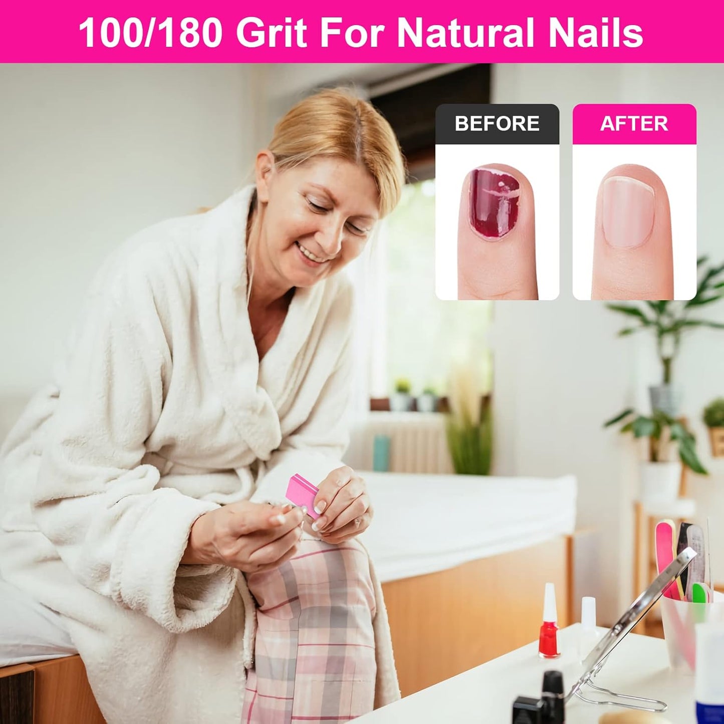 Buffer Block Nail File, 100/180 Grit Sponge Nail Buffers for Acrylic Nails, Nails Buffer, Mini Buffing Block Double Sided for Manicure Tools 60 Count - Pink