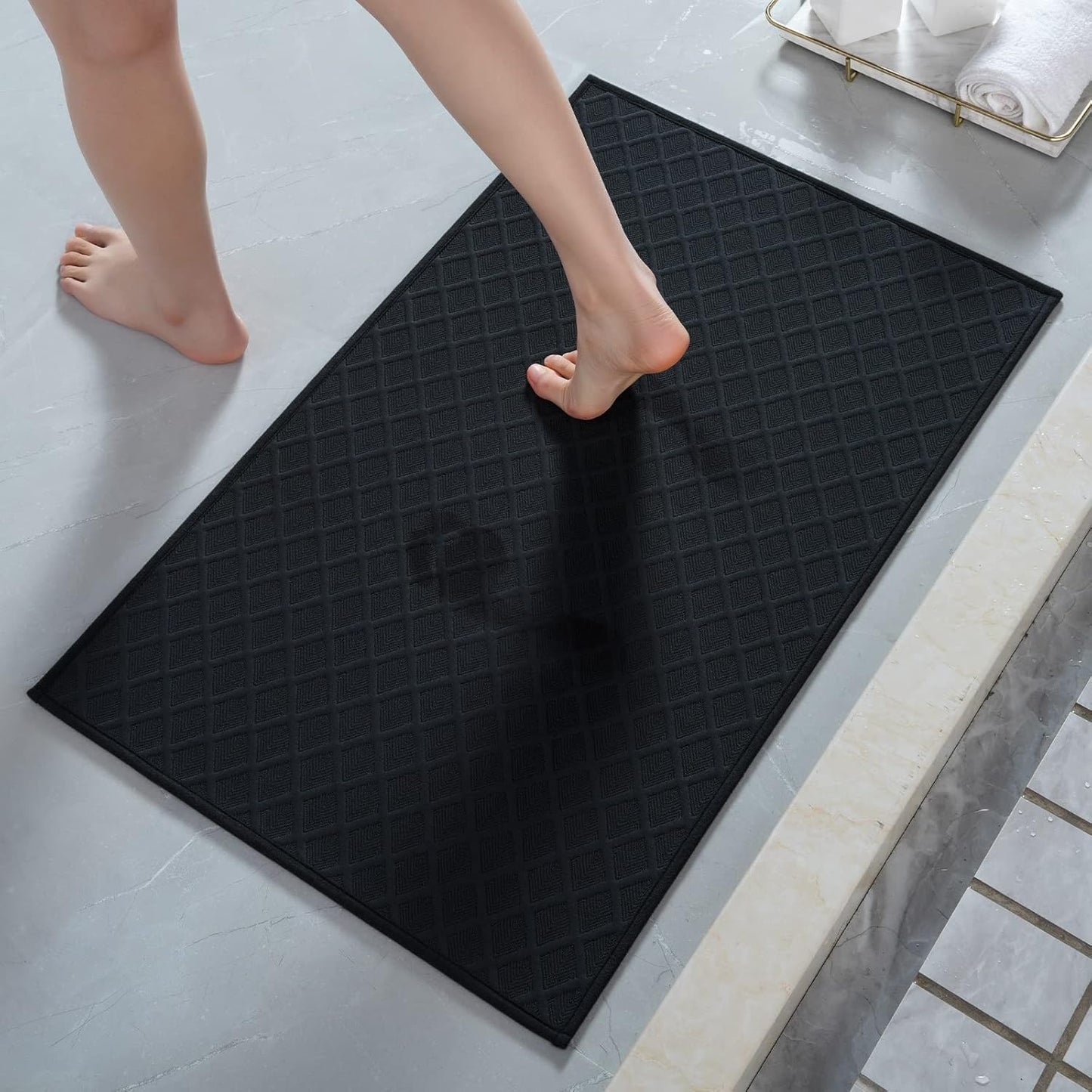 AMOAMI Ultra Thin Bathroom Rugs, Rubber Backed Bath Mats for Bathroom Non Slip, Absorbent Bathroom Mat for Floor, Shower, Sink (17"x28", Black)
