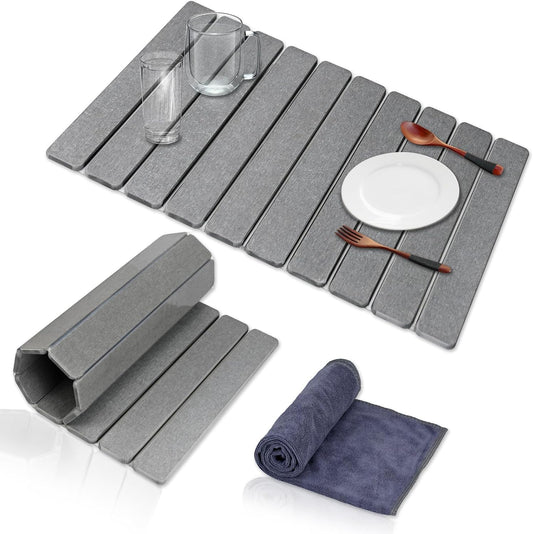 Large Stone Dish Drying Mat, 24"(L)×16"(W), Eco - Friendly Absorbent Diatomaceous Earth Mat for Kitchen Dishes, Bottles, Cups & Bathroom Countertops