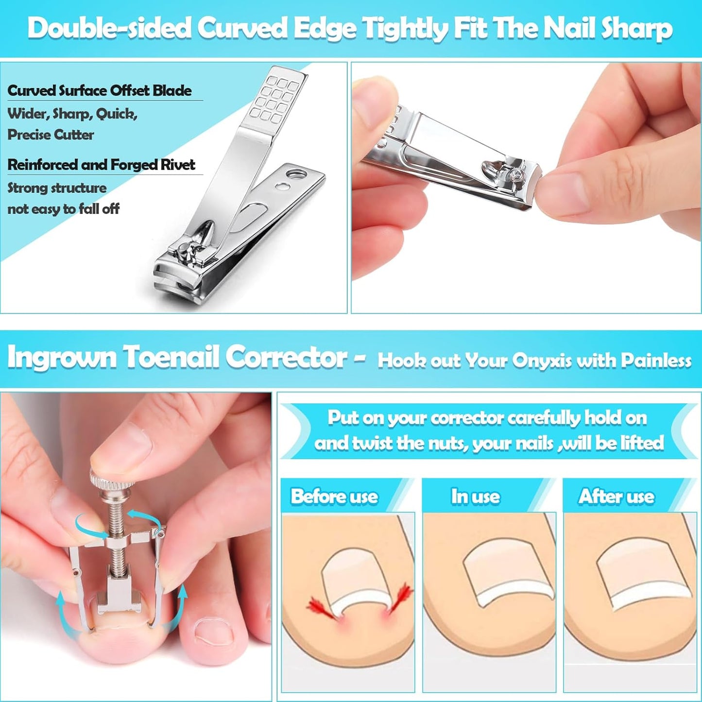 Modacraft 11-Piece Toenail Care Kit - Effective Ingrown Toenail Treatment with Toenail Clippers for Thick Toenails, Corrector & Other Pedicure Tools for Feet and Hand