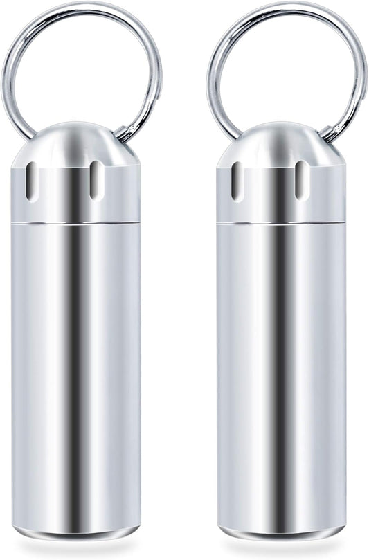 SHD 2 Pack Pill Container Keychain Pill Holder 100% Waterproof Pill Case Single Chamber Stainless Steel Pill Box (Silver)