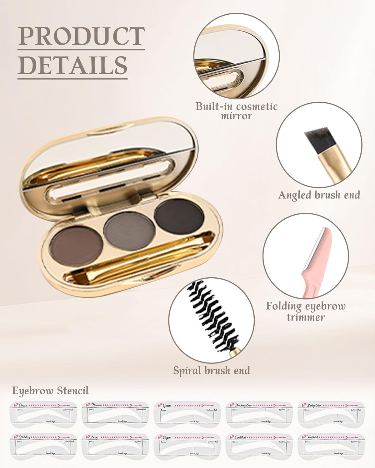 Waterproof Eyebrow Powder Kit - 3 Colors Long-Lasting Brow Powder Palette with Brush Razor & Stencil, Natural Tinting Powder for Women Sparse Brows | #02 Medium Brown, Grey, Black