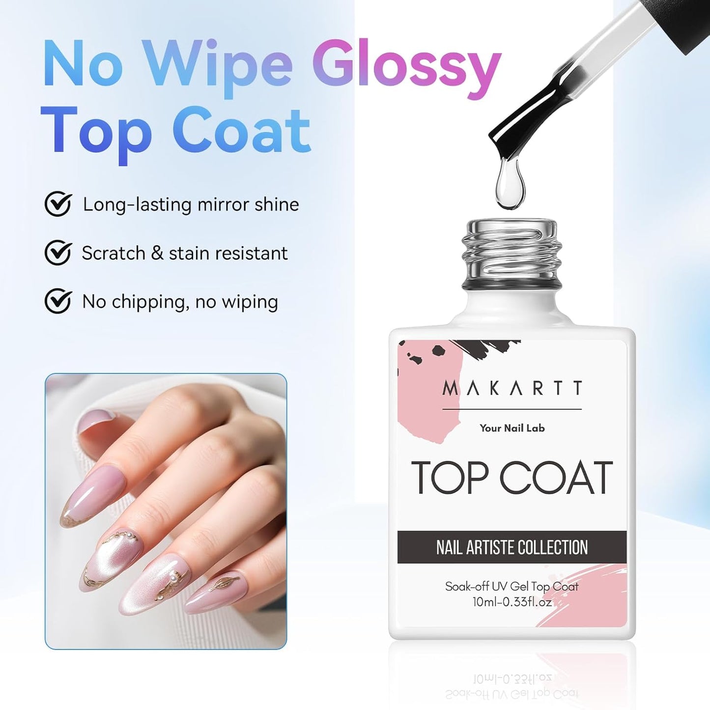 Makartt 2 Pcs Gel Top Coat and Base Coat Set - No Wipe Shine Finish Soak Off Base Top Coat Long Lasting for Gel Nail Polish, LED UV Lamp Need, Salon Quality Nail Manicure Gifts, 10ML