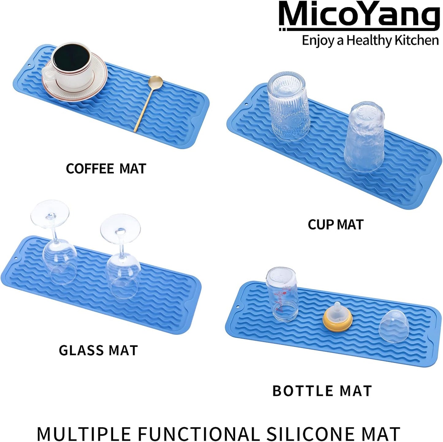 Silicone Dish Drying Mat for Multiple Usage,Easy clean,Eco-friendly,Heat-resistant Silicone Mat for Kitchen Counter,Sink,Bar,Bottle,or Cup Lichen Blue M 17 inches x 6 inches