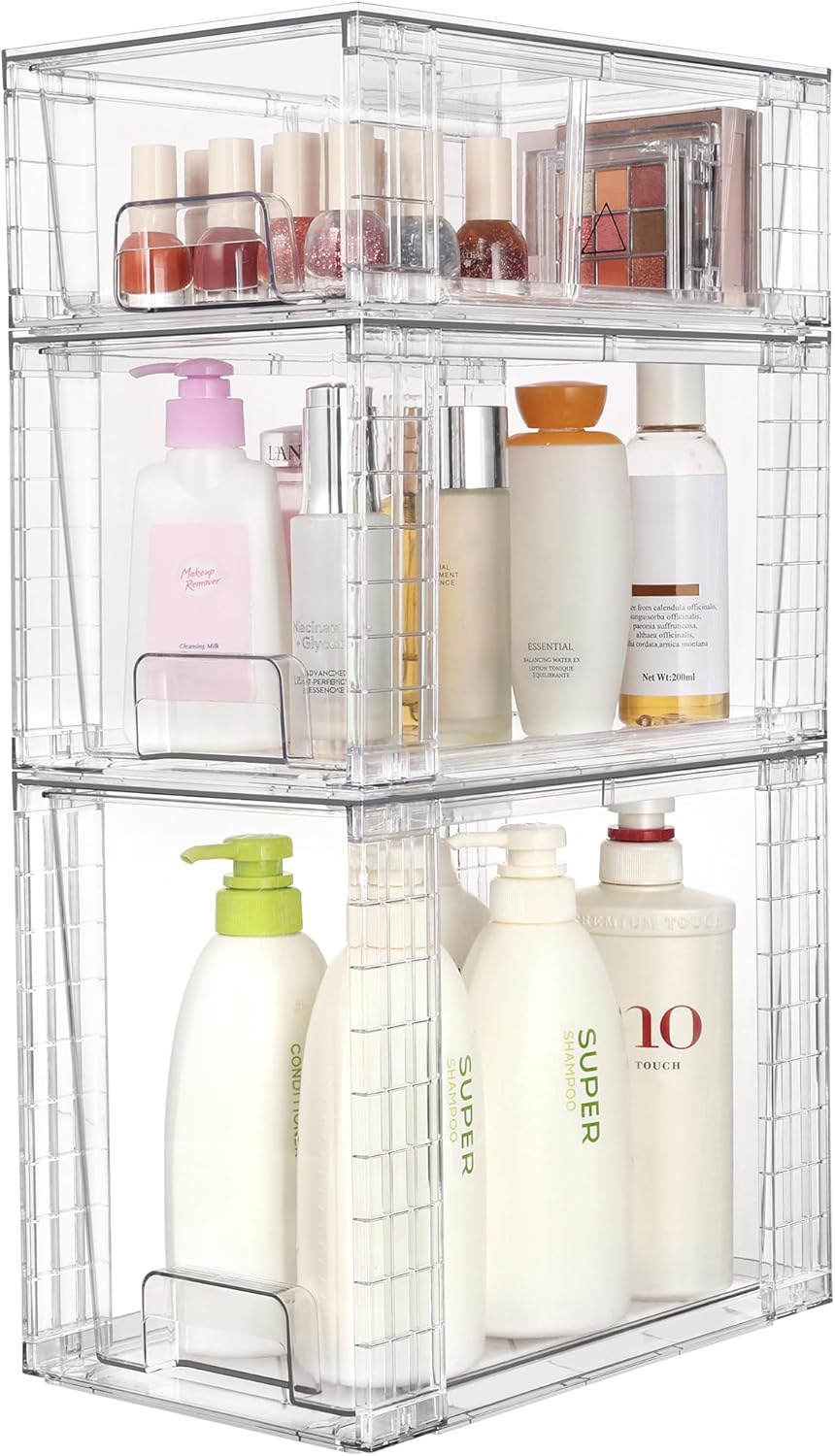 Vtopmart 6 Pack Clear Stackable Storage Drawers,Easy to Assemble Bathroom Organizers and Storage with handles,Plastic Drawers for Kitchen Pantry,Cabinet,Under Sink Organization