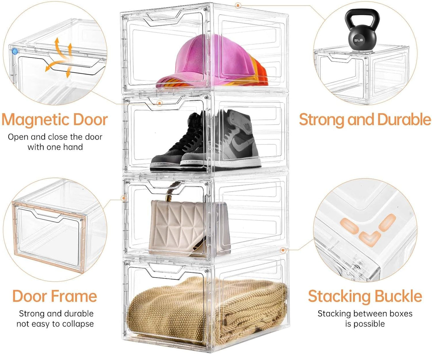 6 Pack Closet Organizers and Storage,Clear Stackable Plastic Storage Bins with Lids Magnetic Doors,Clothes Organizers and Storage,Plastic Craft Containers for Wardrobe Kitchen Bathroom Office