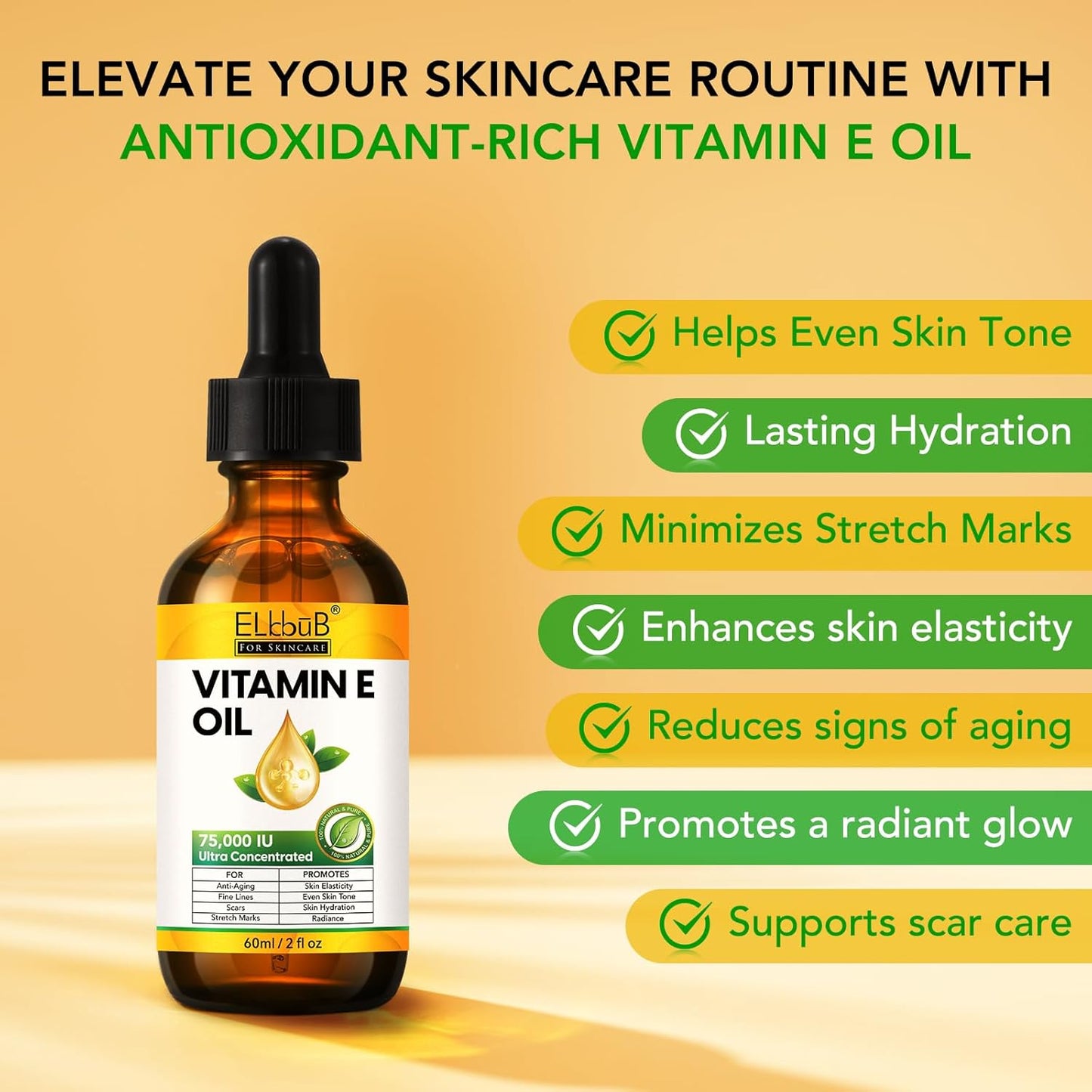 Vitamin E Oil - 75,000 IU Ultra Concentrated - Moisturizes, Fades Scars & Stretch Marks, Anti-Aging & Skin Hydration - for Face, Body, Hair, and Nails
