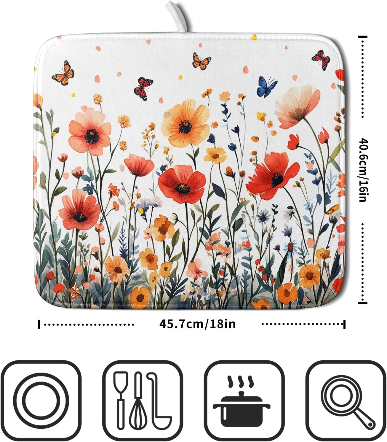 Poppy Flower Dish Drying Mat 16x18 Inch Floral Leaves Dish Drainer Protector Pad Washable Reversible Drying Pad for Kitchen Counter Sink