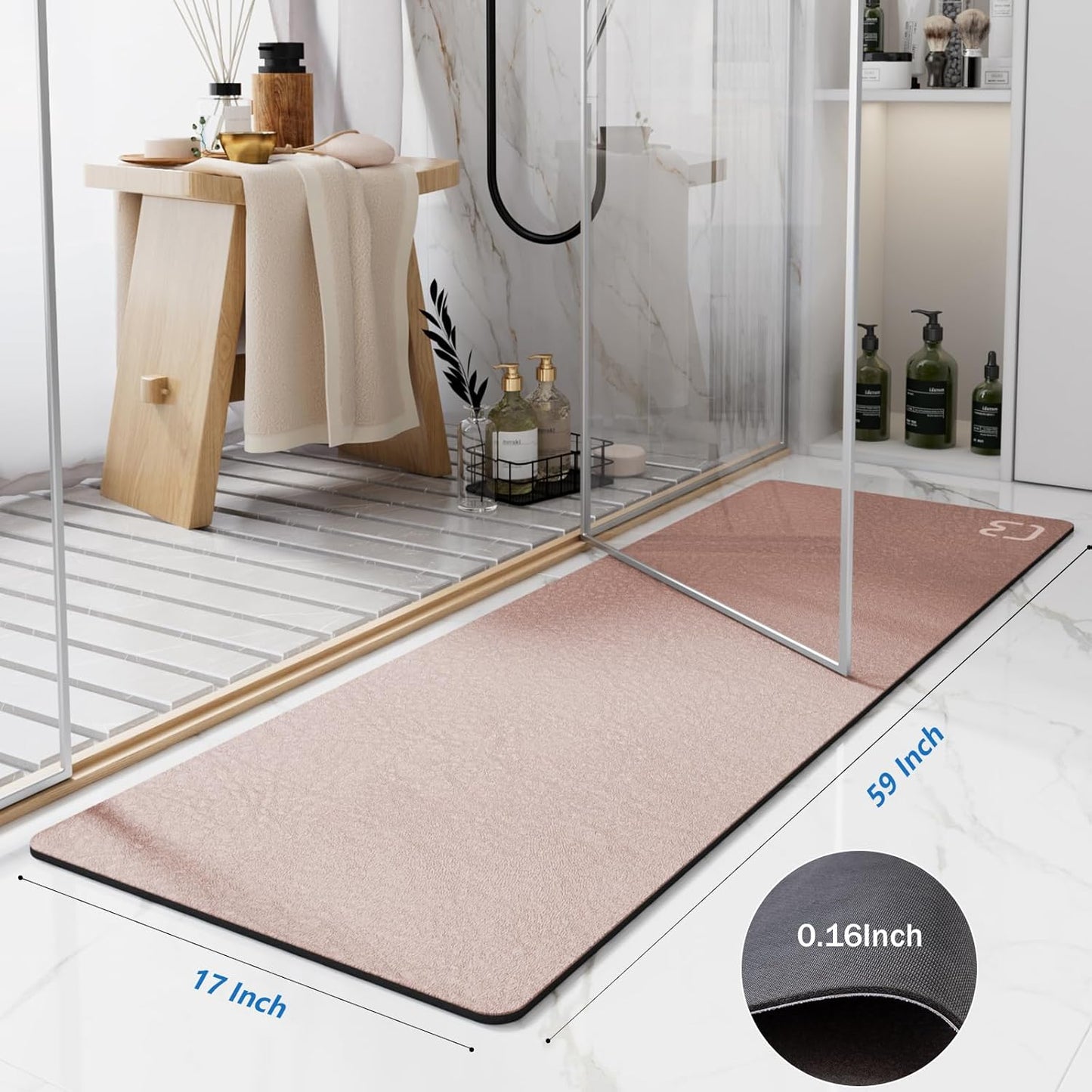 Diatomaceous Earth Bath Mat 17" x 59" Extra Long Bathroom Mat Large Fast Dry Super Absorbent Non-Slip Rubber Backed Shower Mat Bath Rugs Mats for Bathroom Floor, Tub, Shower, Sink, Blush Pink