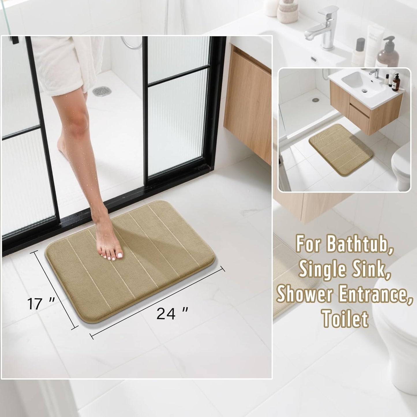 Yimobra Memory Foam Bath Mat, Super Soft Absorbent Bathroom Rug Non Slip 24x17 Inch, Quick Dry, Machine Washable Floor Carpet for Tub Shower, Home Decor Accessories, Pale Khaki
