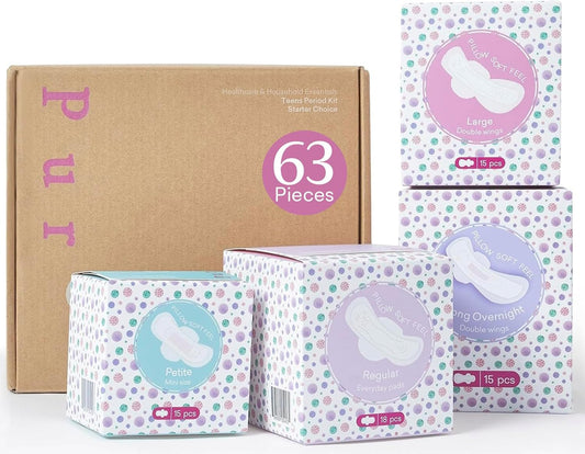 Teens First Period Starter Kit for Girls 9-10-11-12-14 63pcs Period Pads for Tweens Teens, Menstrual Pad Box for Girls Period Kit for School, 4 Essential Size fit for Tween Period Underwear