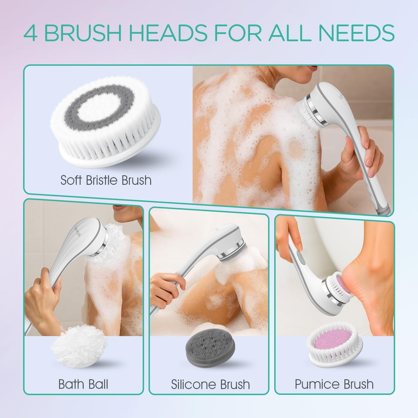 VOYOR Electric Body Brush Back Scrubber for Shower Rechargeable Exfoliating Bath Brush Powered Shower Brush with Non-Slip Long Handle Deep Cleansing, Exfoliation, Massaging Spin Brush BC100 (Gery)