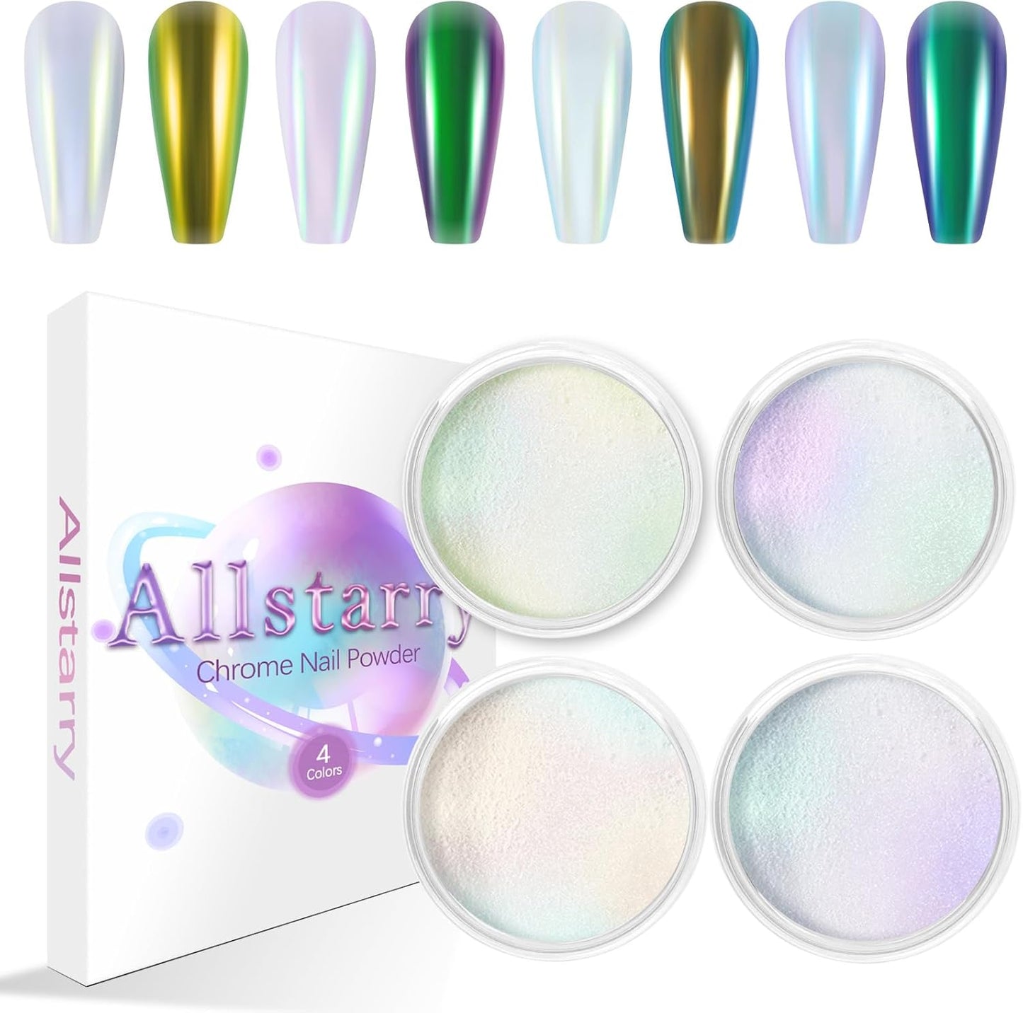 Allstarry White Chrome Nail Powder, 4 PCS Color-Shift Chameleon Mica Powder Aurora Chrome Effect Glitter Dust Iridescent Pearlescent Pearl Pigment for Gel Polish Nail Art Decoration, Resin Craft