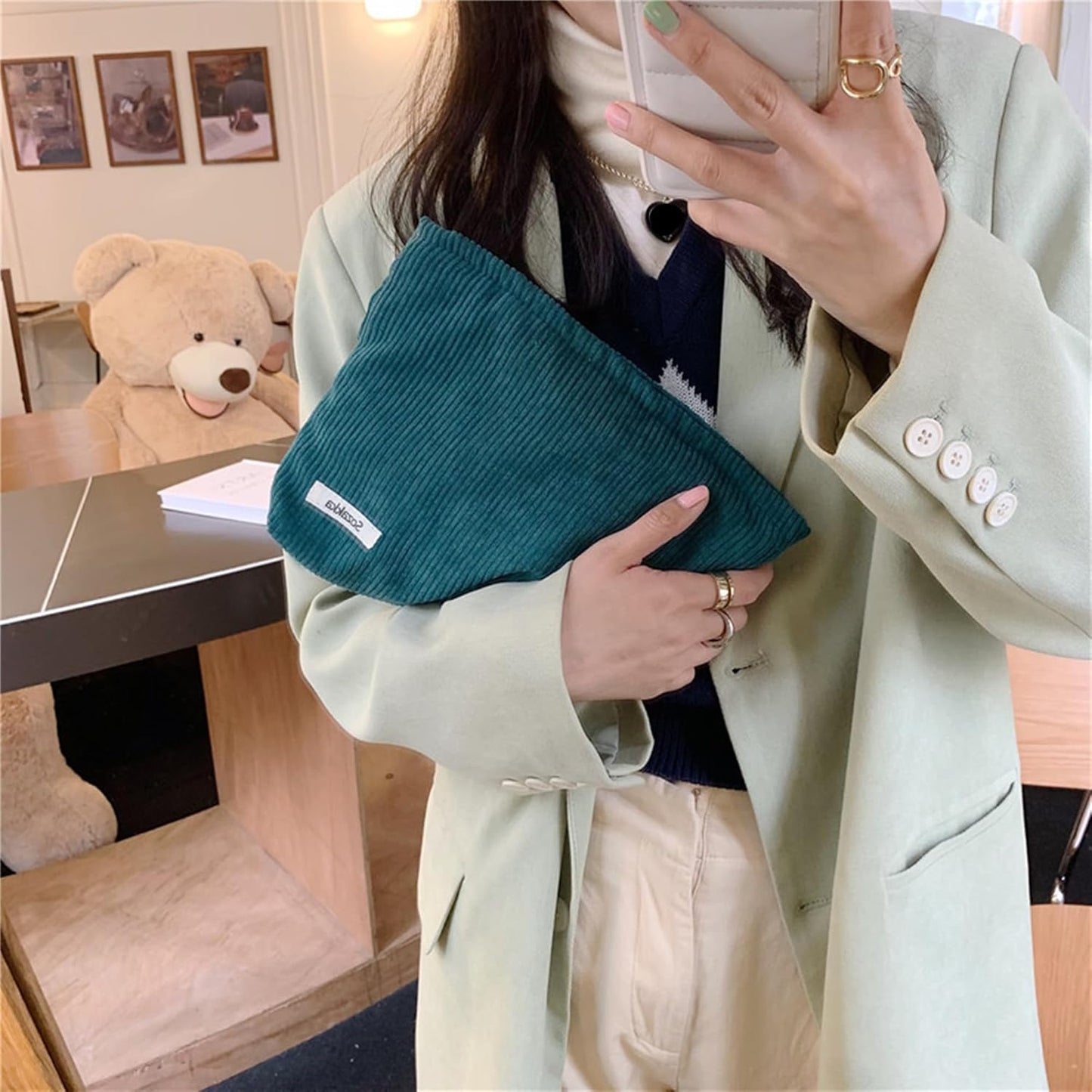 Cosmetic Bags for Women - Corduroy Cosmetic Bag Aesthetic Women Handbags Purses Smile Dots Makeup Organizer Storage Makeup Bag Girls Case Bags (Pure Dark green)