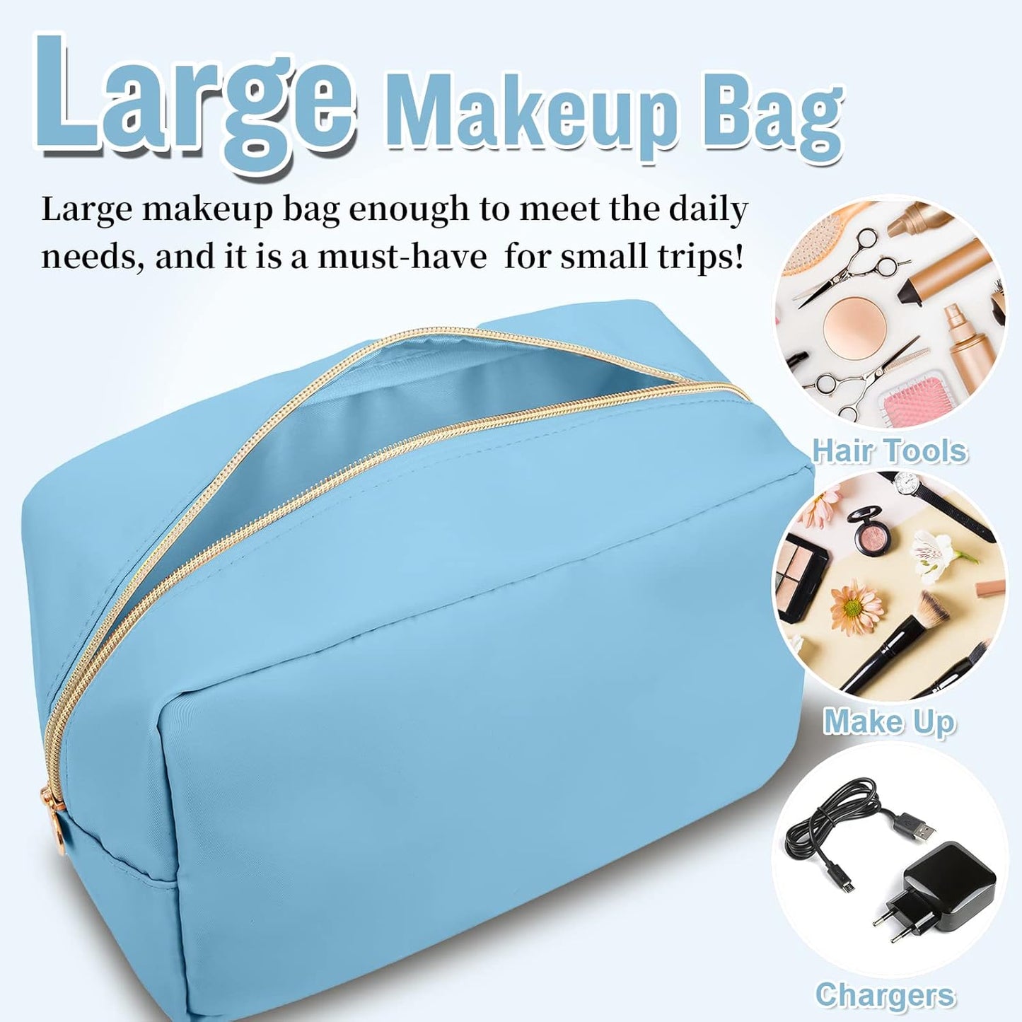 Nylon Large Makeup Bag Travel Cosmetic Bag Pouch, Preppy Big Makeup Bag Cute Cosmetic Zipper Pouch Purse, Waterproof Toiletry Bag Clutch Make Up Organizer Travel Essentials for Women Men Girls(Blue)