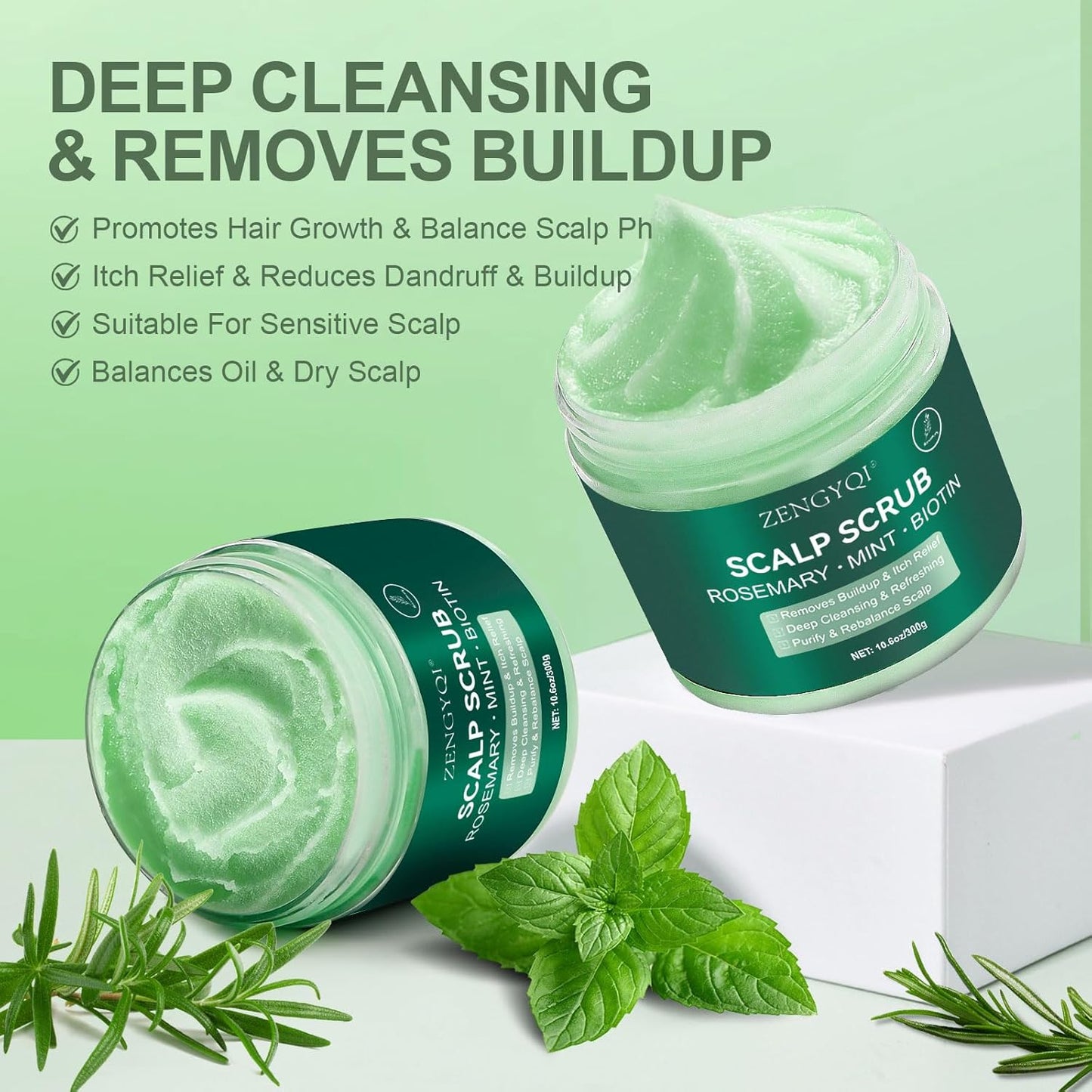 Scalp Scrub, Rosemary & Mint Oil & Biotin Scalp Exfoliator Scrub Shampoo with Silicone Cleansing Massager, Hair Treatment for Itchy Scalp, Dandruff & Buildup Removal & Thick and Strong Hair Growth