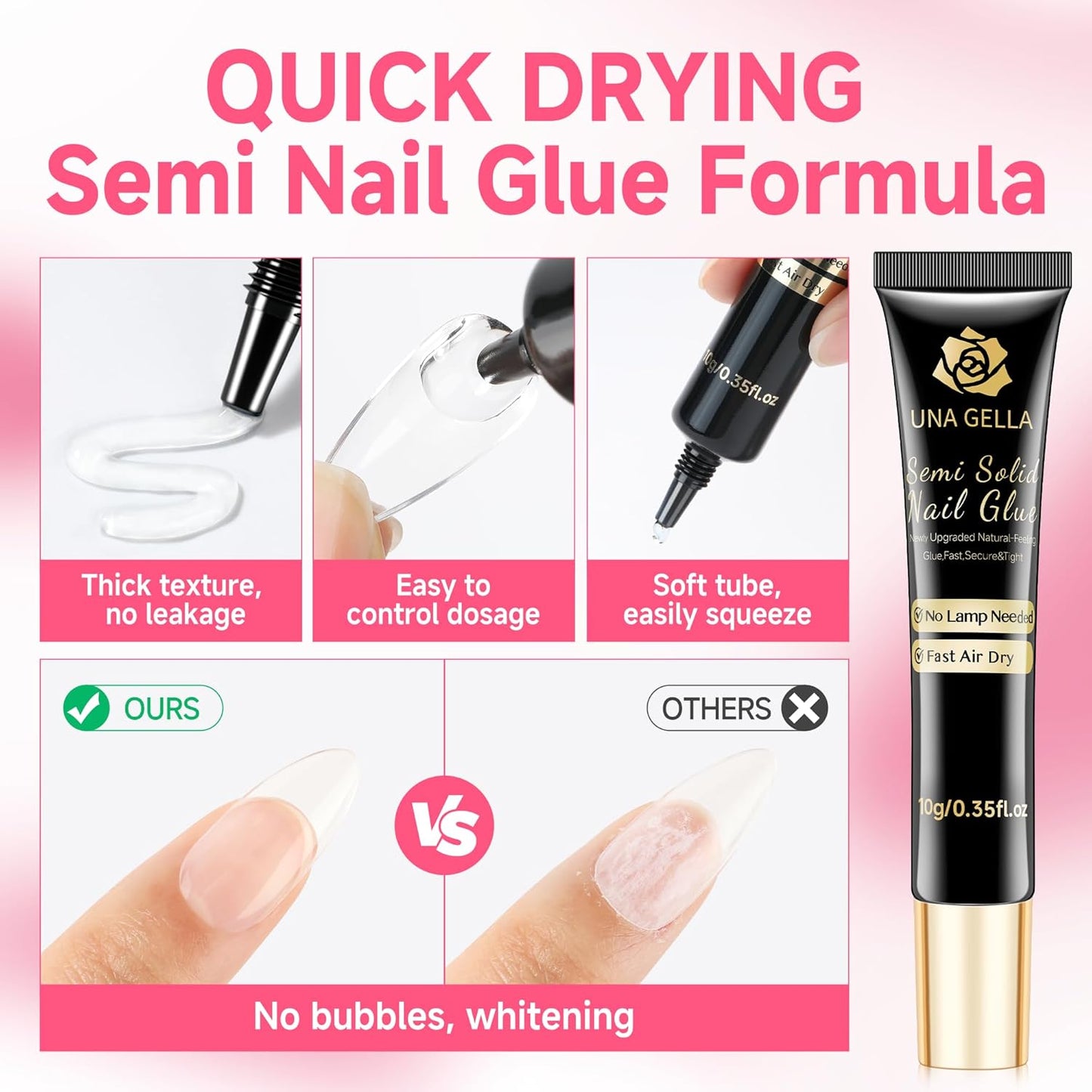 UNA GELLA Quick Drying Solid Nail Glue Gel 10ML with Gel Nail Glue Remover 12ML, for Press On Nails, No Need for Lamp, Long Lasting, Drip Use Remover Pen