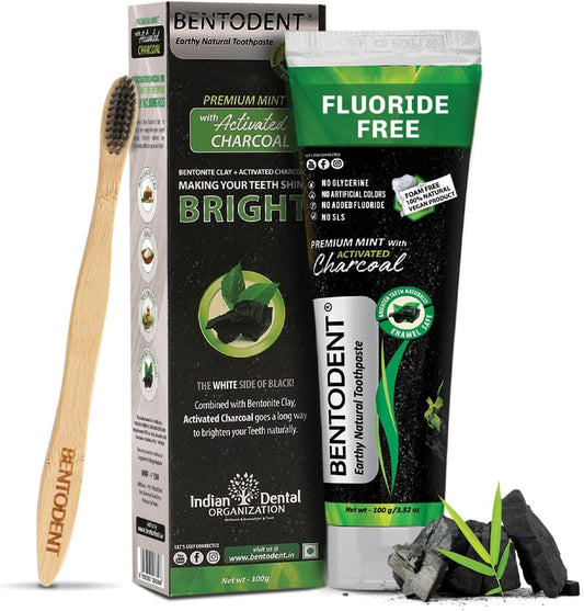 BENTODENT Fluoride Free Organic Charcoal Toothpaste with Bentonite Clay for Teeth Whitening- Natural Sensitive Teeth Whitening Toothpaste, Vegan, Travel