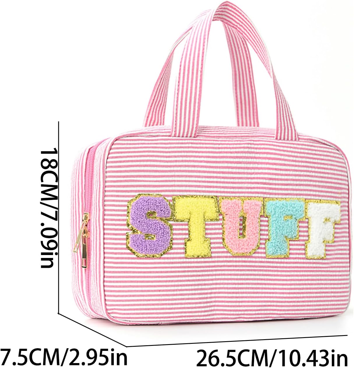 Travel Toiletry Bag for Women Chenille Letter Cosmetic Bag Fashion Stripes Water-resistant Makeup Bag with Hanging Hook for Store Toiletries Cosmetic Accessories Large Capacity Pink