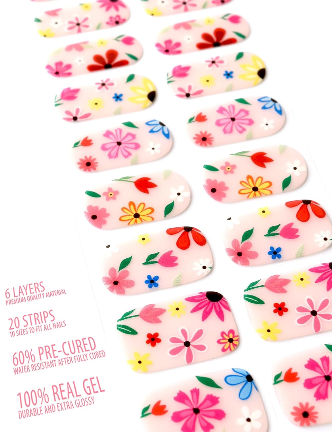 Semi Cured Gel Nail Strips, 20 pcs Nail Wraps, Glaze Stickers, Salon Quality French Manicure, Full Decal Gel Polish Strips, Long Lasting SCG, Easy on, UV Required (Flower Confetti)