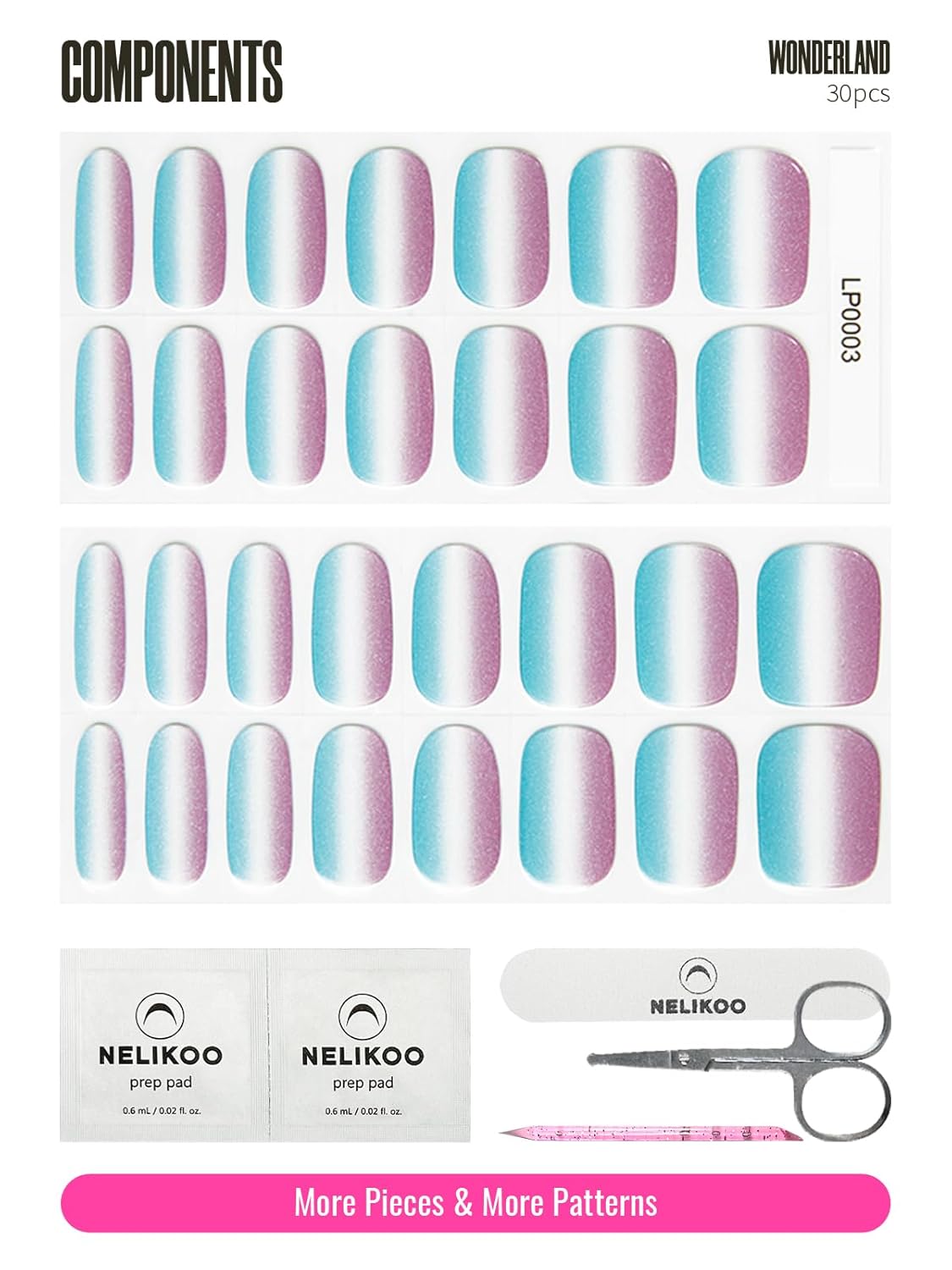 Semi Cured Gel Nail Strips, 30 pcs Gel Nail Wraps, Easy to Apply, 2 Weeks Long Lasting (Wonderland)