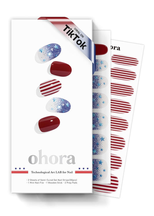 ohora Semi Cured Gel Nail Strips (N Spangled Burst) - Works with Any Lamps, Salon-Quality, Long Lasting, Easy to Apply & Remove - Includes 2 Prep Pads, Nail File & Wooden Stick