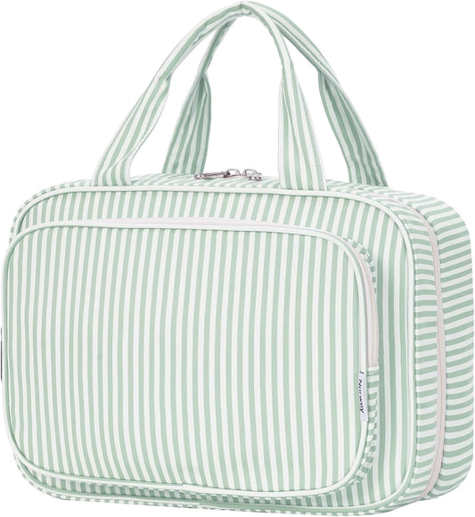 Narwey Striped Travel Toiletry Bag for Women Large Hanging Makeup Bag Organizer Toiletries Bag for Full Size Essentials Accessories Cosmetics (Mint Green Stripe (Large))
