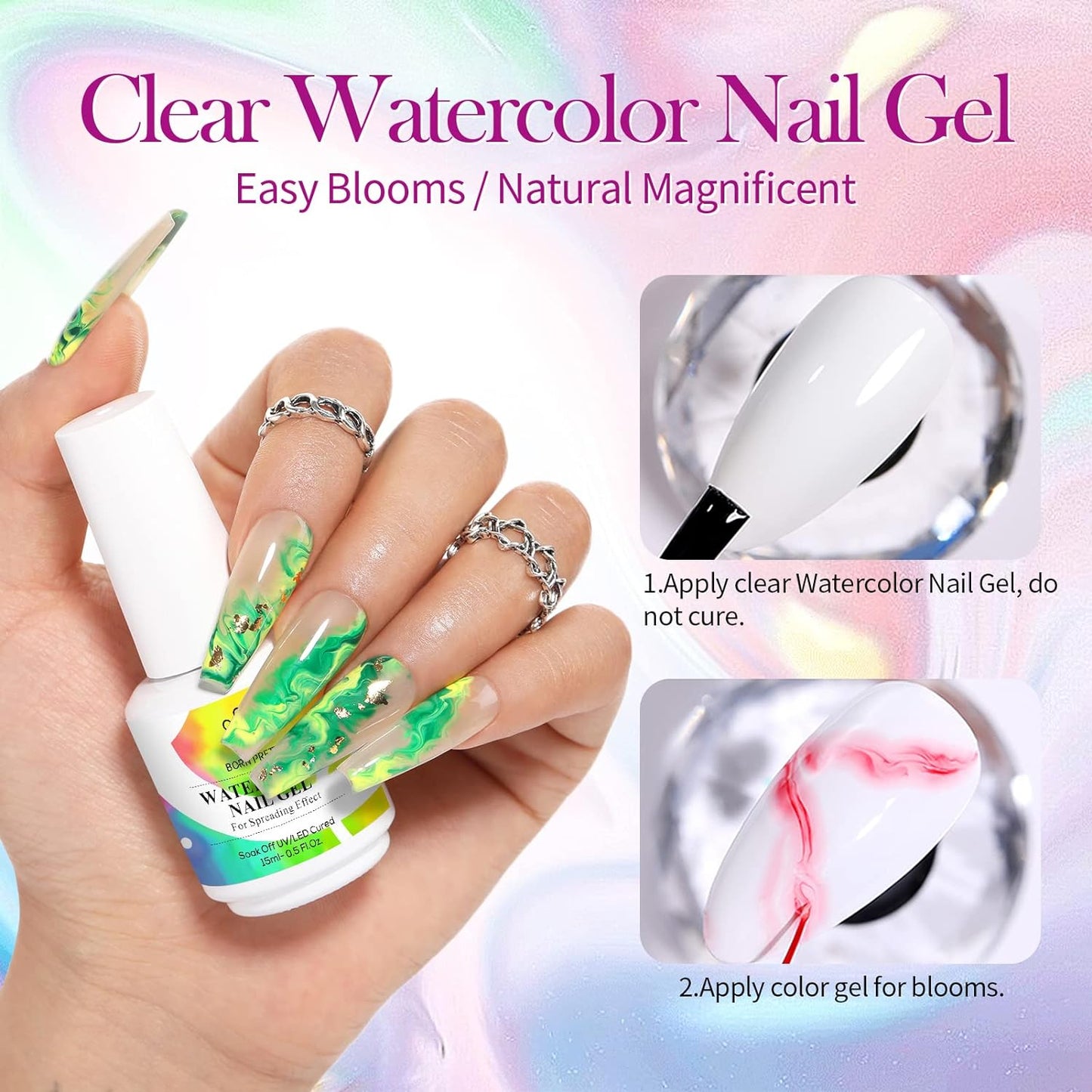 Born Pretty Nail Blooming Gel, 15ml Clear Clear U V Led Blossom Gel Polish for Spreading Effect Marble Natural Stone Watercolor Floral Print Nail Art DIY Design Manicure Valentine's Day Gift