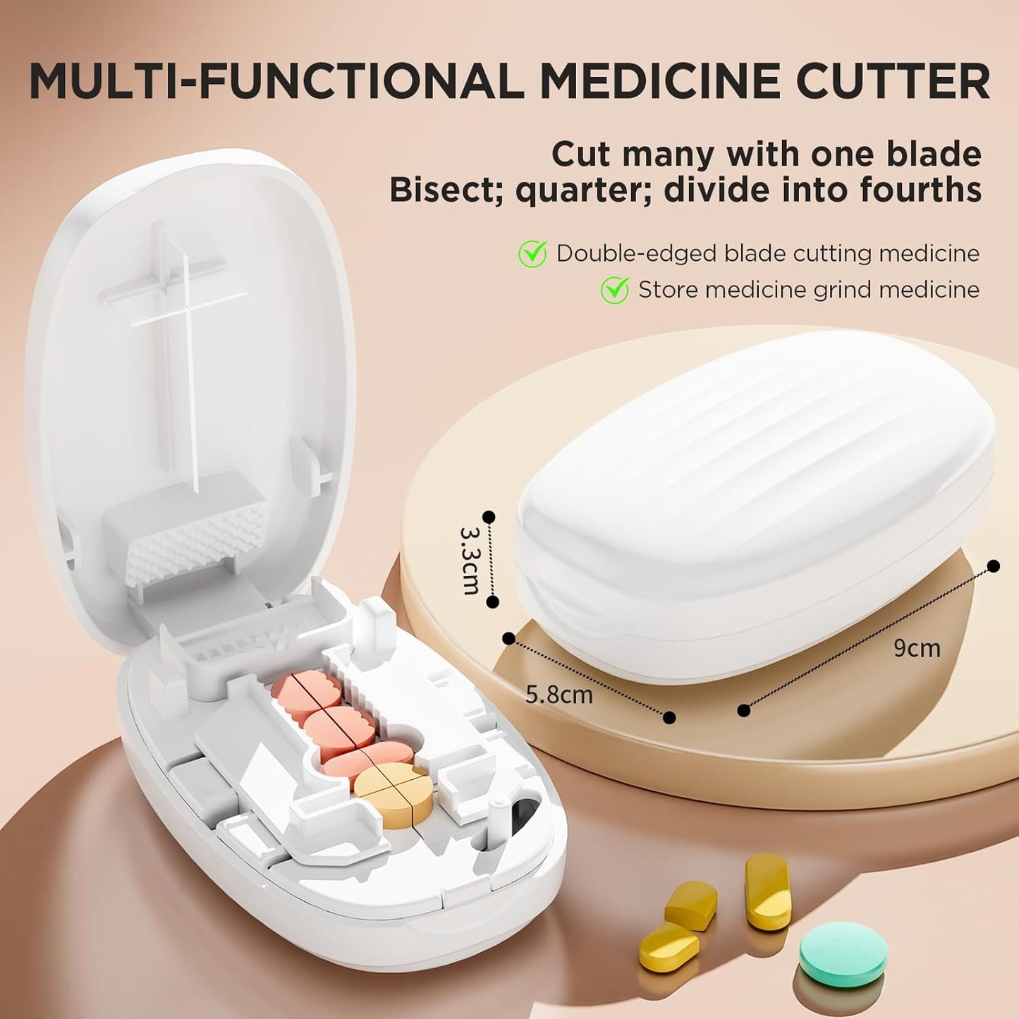 Pill Cutter Splitter for Small and Tiny Pills, 1/2 1/4 Pill Splitter for Small Pills,Vitamins, Tablets in Half or Quarters, Accurate and Easy Cutting, Stainless Steel Blade, Back Storage (White)