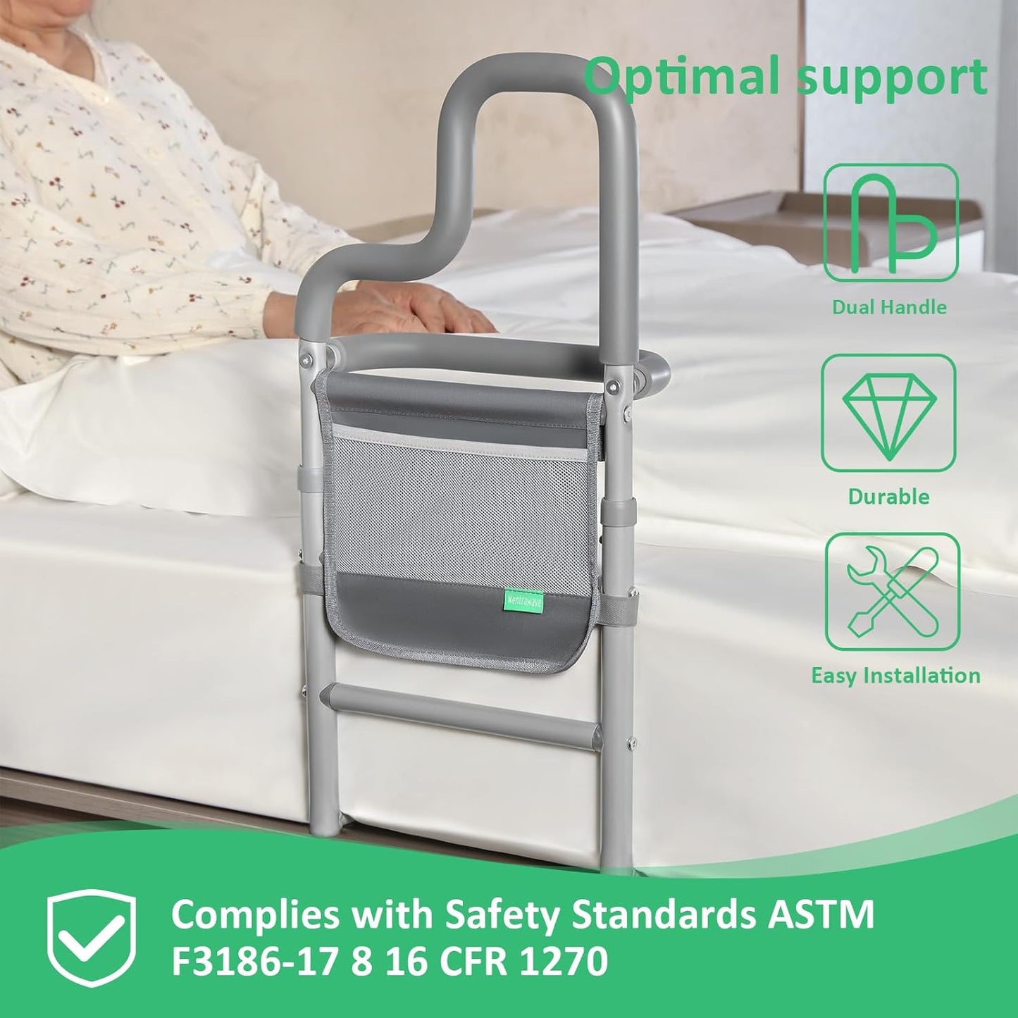 Dual Bar Bed Rail for Elderly Adults Safety with Storage Pocket, Bed Assist Rail for Seniors for Easily Getting in & Out of Bed, Bed Rails Fits King, Queen, Full, Twin Bed - Grey