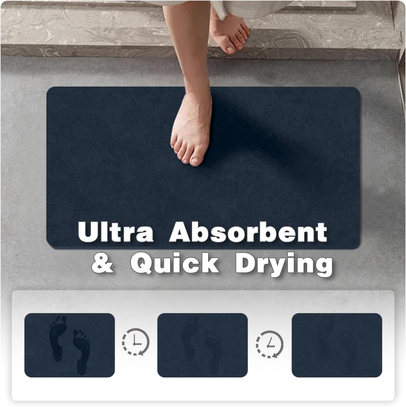 Bathroom Mat Quick Dry, Bathroom Rugs Non Slip Washable Thin Absorbent Bath Mat Fits Under Door Bathroom Floor Mat Perfect for Bath, Shower, or Sink 24"x60" Navy Blue