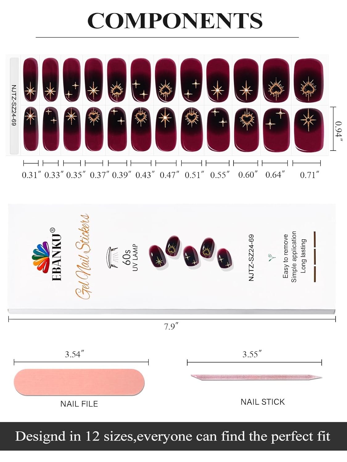 EBANKU 24PCS Semi-Cured Gel Nail Polish Strips, Self Adhesive Gel Nail Art Sticker, Waterproof Gel Nail Wrap Stickers with Nail File and Stick(Glitter Star-2)