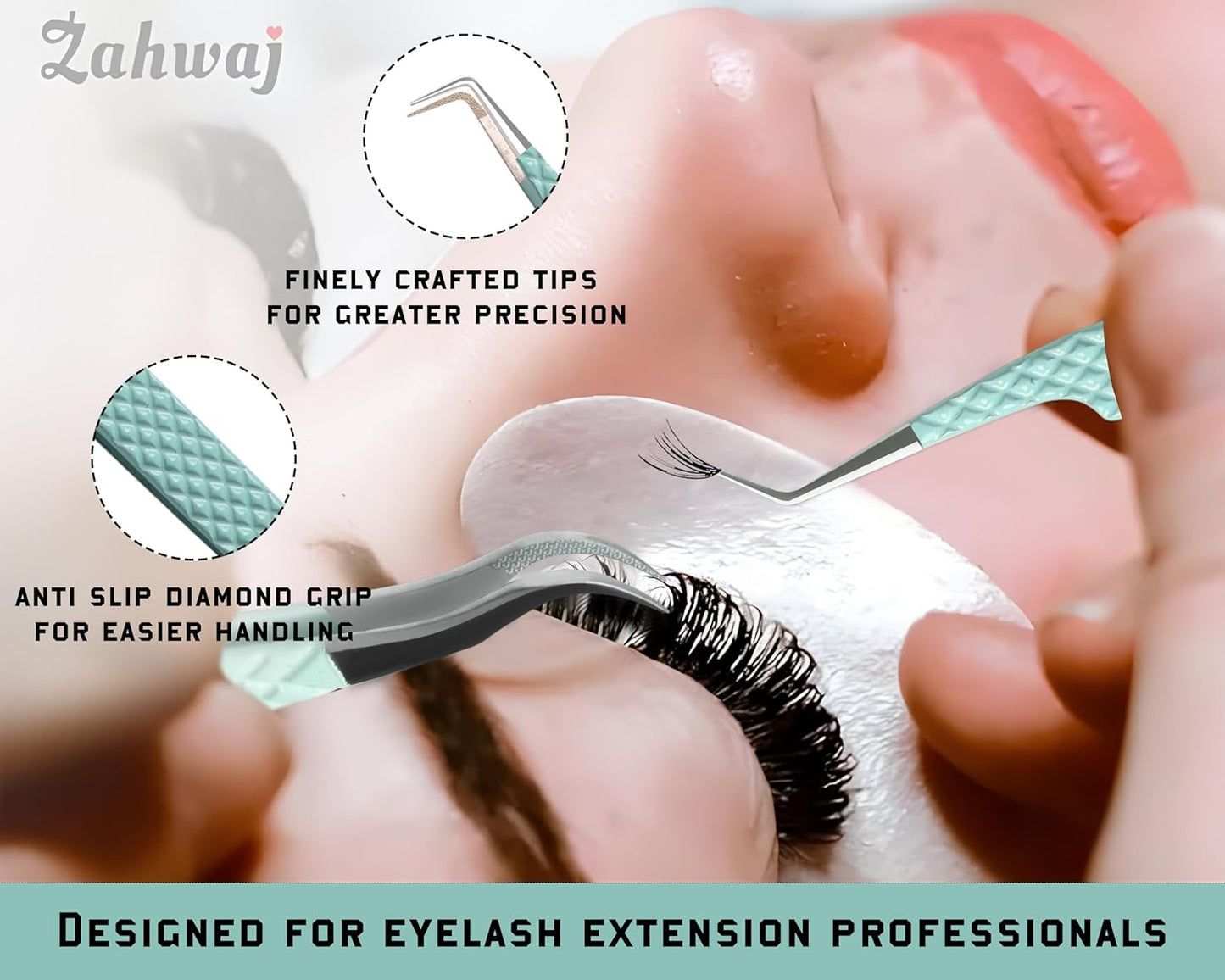 Lash Tweezers - Set of 5 Diamond Grip Eyelash Tweezers - Stainless Steel Professional Fiber Tip Lash Tweezer for Eyelash Extensions (Light Green)