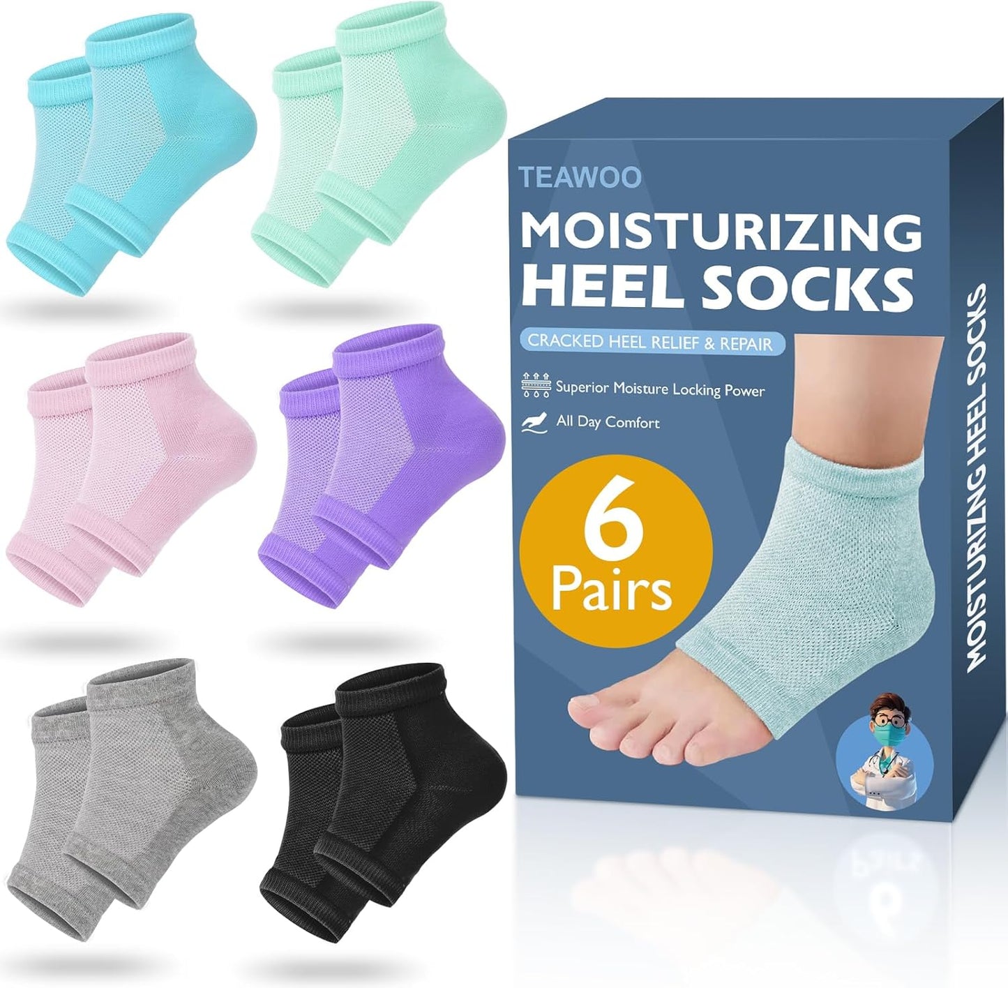 Moisturizing Heel Socks - 6 Pairs for Dry Cracked Feet, Toeless Gel Socks for Hydration and Repair