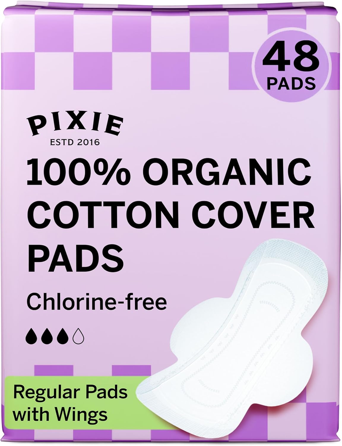 Pixie Organic Cotton Pads for Women - Ultra Thin with Wings, Leak-Proof & Moisture-Wicking - Compostable, Unscented Menstrual Pads - Regular Absorbency - 48 Count