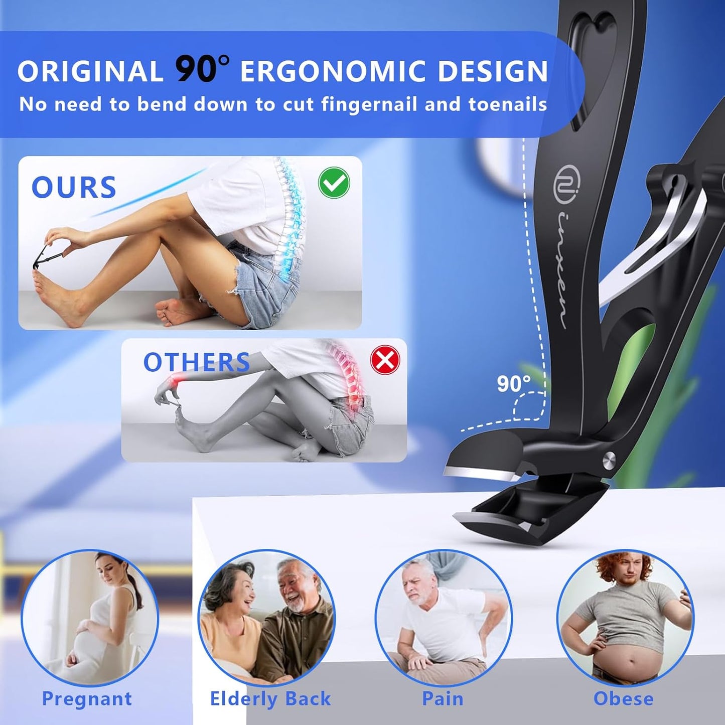 Toenail Clippers for Thick Nails for Seniors| INXEN 3-Pack Ergonomic Heavy Duty Angled Head Nail Clippers with Catcher | Premium Steel Wide Opening Fingernail Clippers Nail Cutter for Men & Women