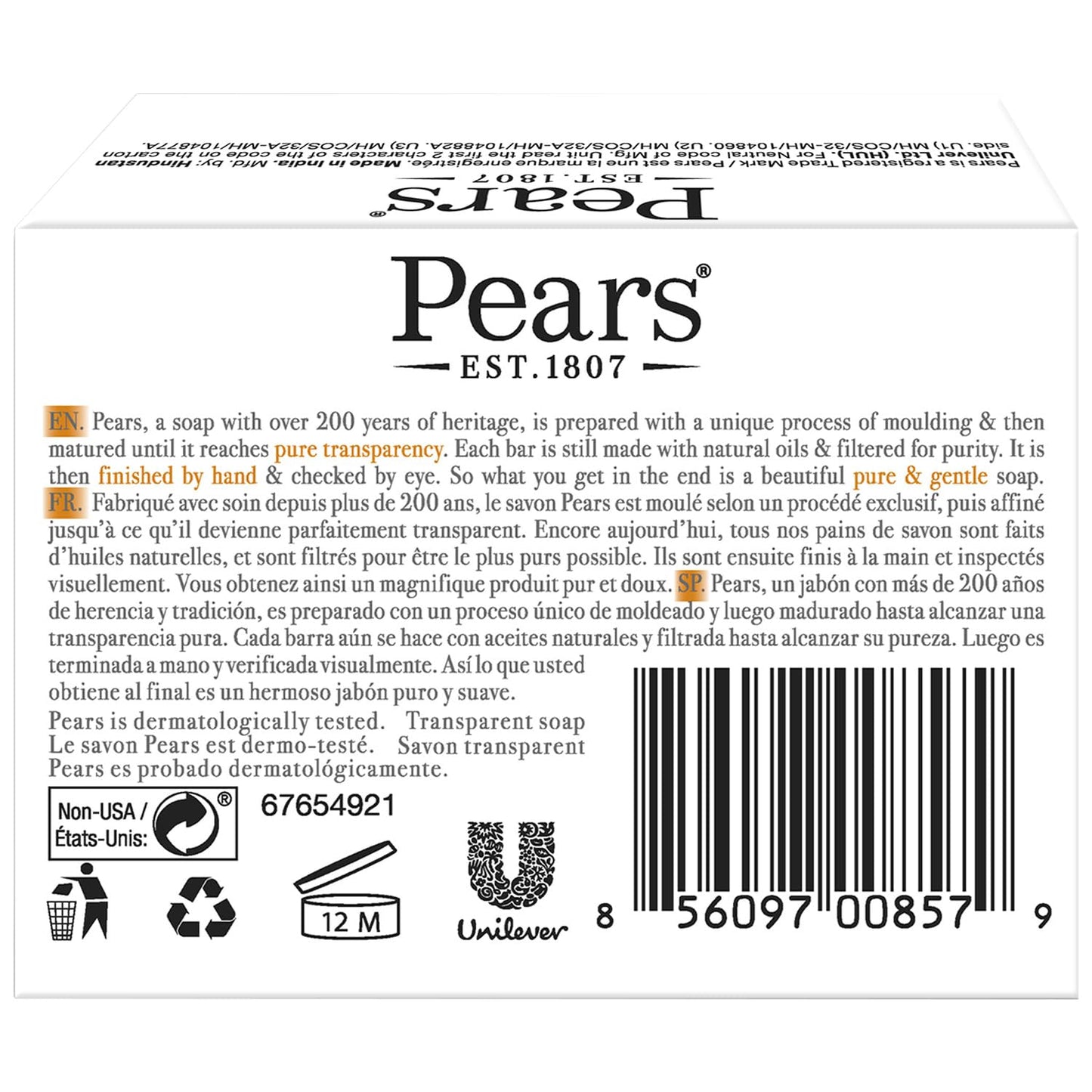 Pears Glycerin Soap, Transparent Amber Value Pack – Pure & Gentle Cleanser with Natural Oils, 3 Bars, 4.4 Oz Ea