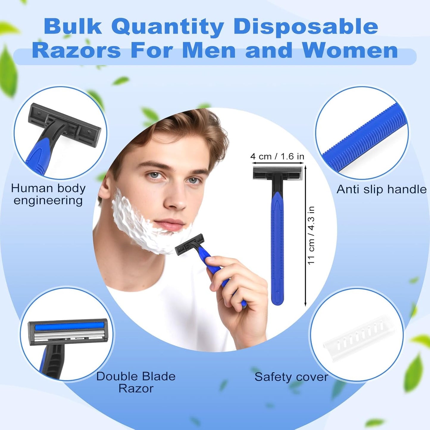 Disposable Twin Blade Razors in Bulk, Individually Wrapped - Clear Safety Cap, For Homeless, Hotel, Airbnb, Travel (pack of 100,blue)