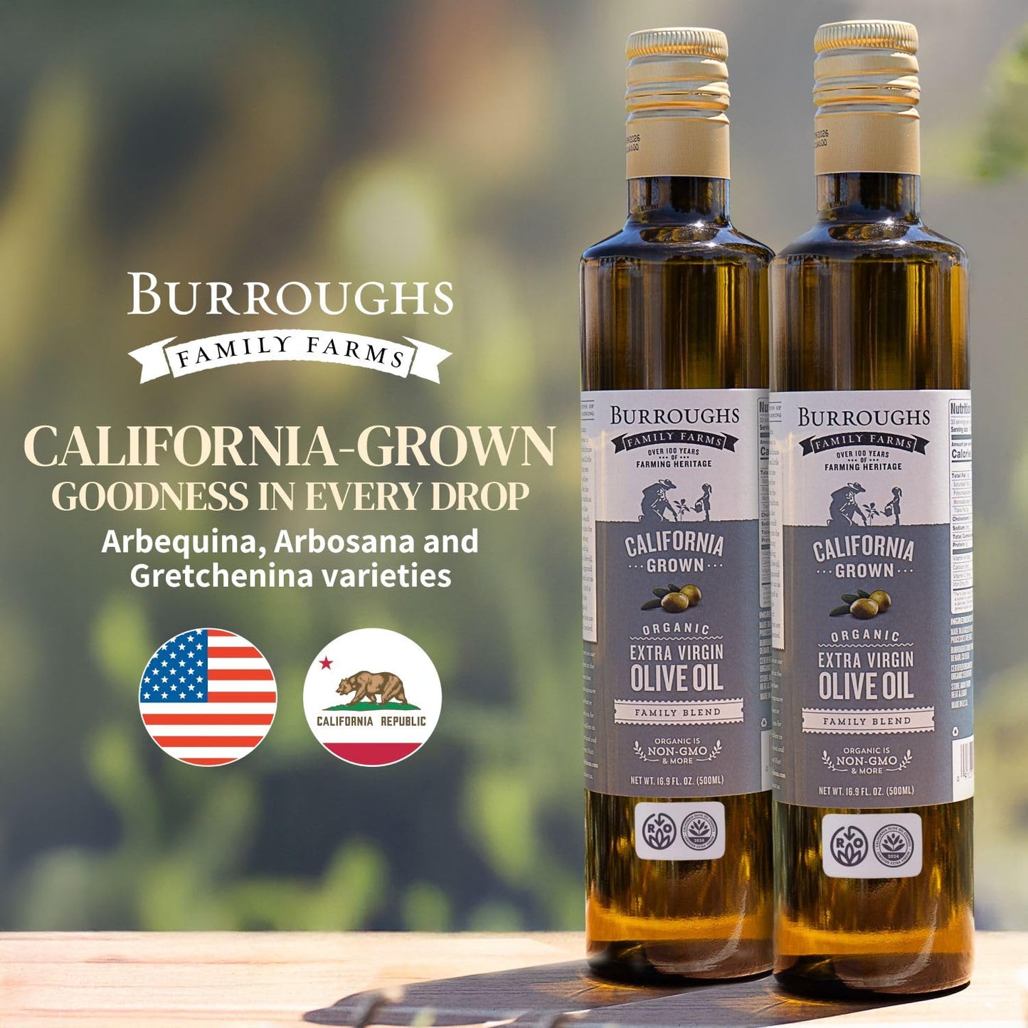 Burroughs Family Farms Premium Organic Extra Virgin Olive Oil – Cold-Pressed California EVOO, Polyphenol Rich Family Blend – Regenerative Organic & USDA Certified, Non-GMO, Gluten-Free – 500ml (16.9 fl oz) 2 Glass Bottle