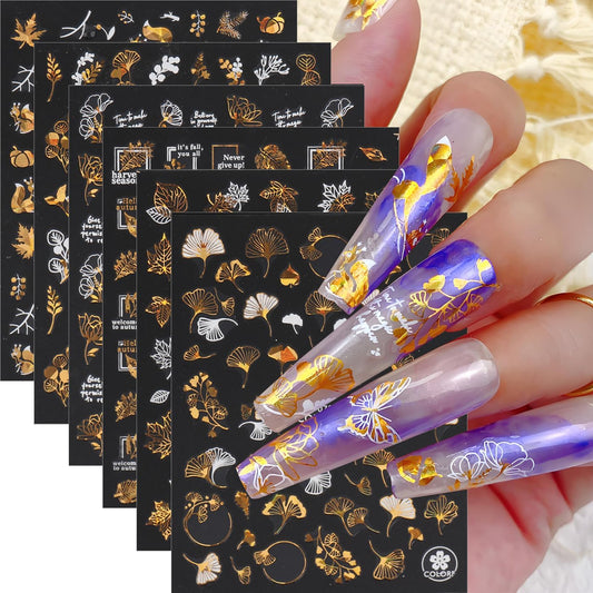 Laser Golden Fall Maple Leaves Nail Art Stickers, Maple Leaves Nail Decals 3D Self-Adhesive with Fan Blade Butterfly Squirrel Flower Design 6Pcs Nail Art Supplies for Women Nail Decoration