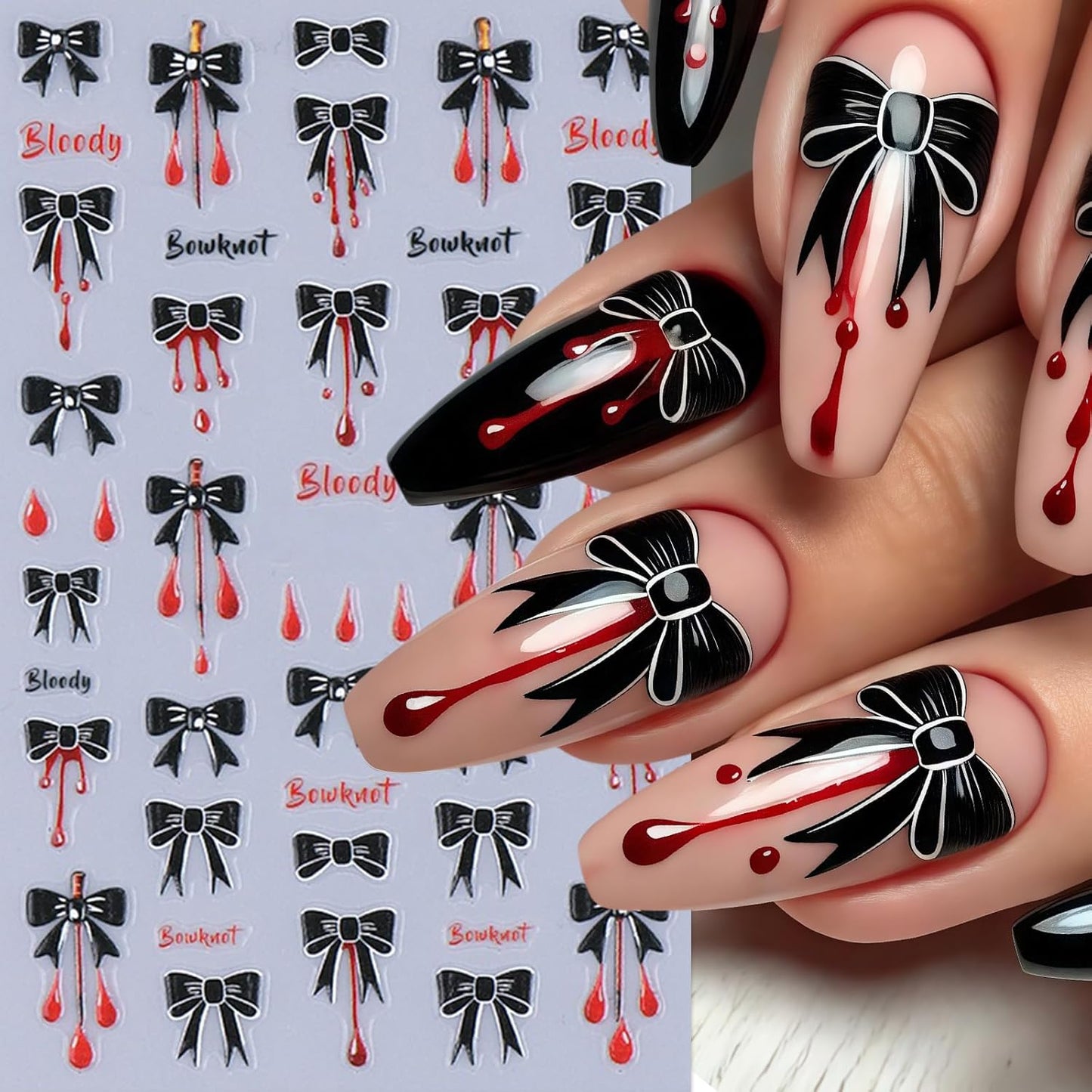 4 Sheets Embossed Halloween Nail Stickers for Nail Art 5D Self-Adhesive Black Bow Spider Web Nail Art Stickers Bow Blood Drop Bats Nail Decals Nails Design Sticker for Women DIY Festival Nail Decor
