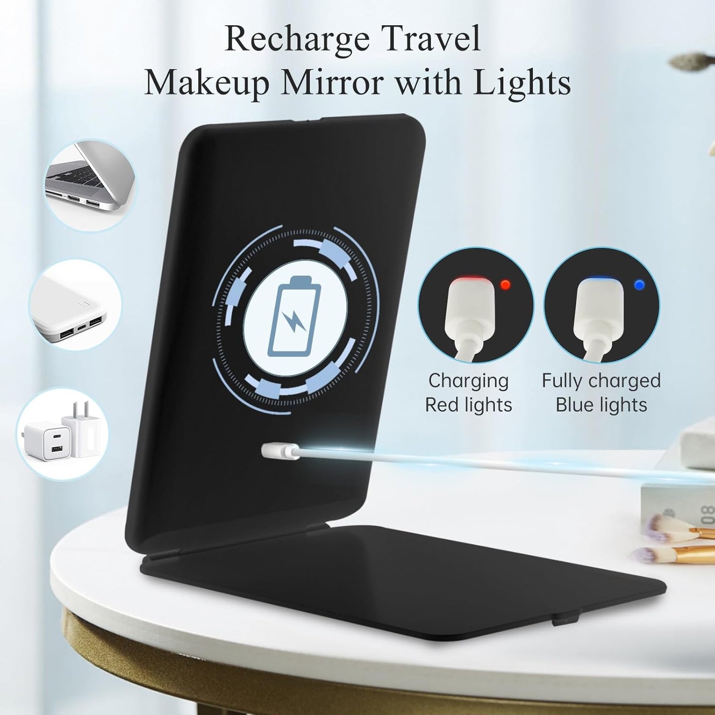 FUNTOUCH Rechargeable Travel Makeup Mirror with 72 Led Lights, Portable Lighted Beauty Mirror, 3 Color Lighting, Dimmable Touch Screen, Tabletop LED Folding Cosmetic Vanity Mirror